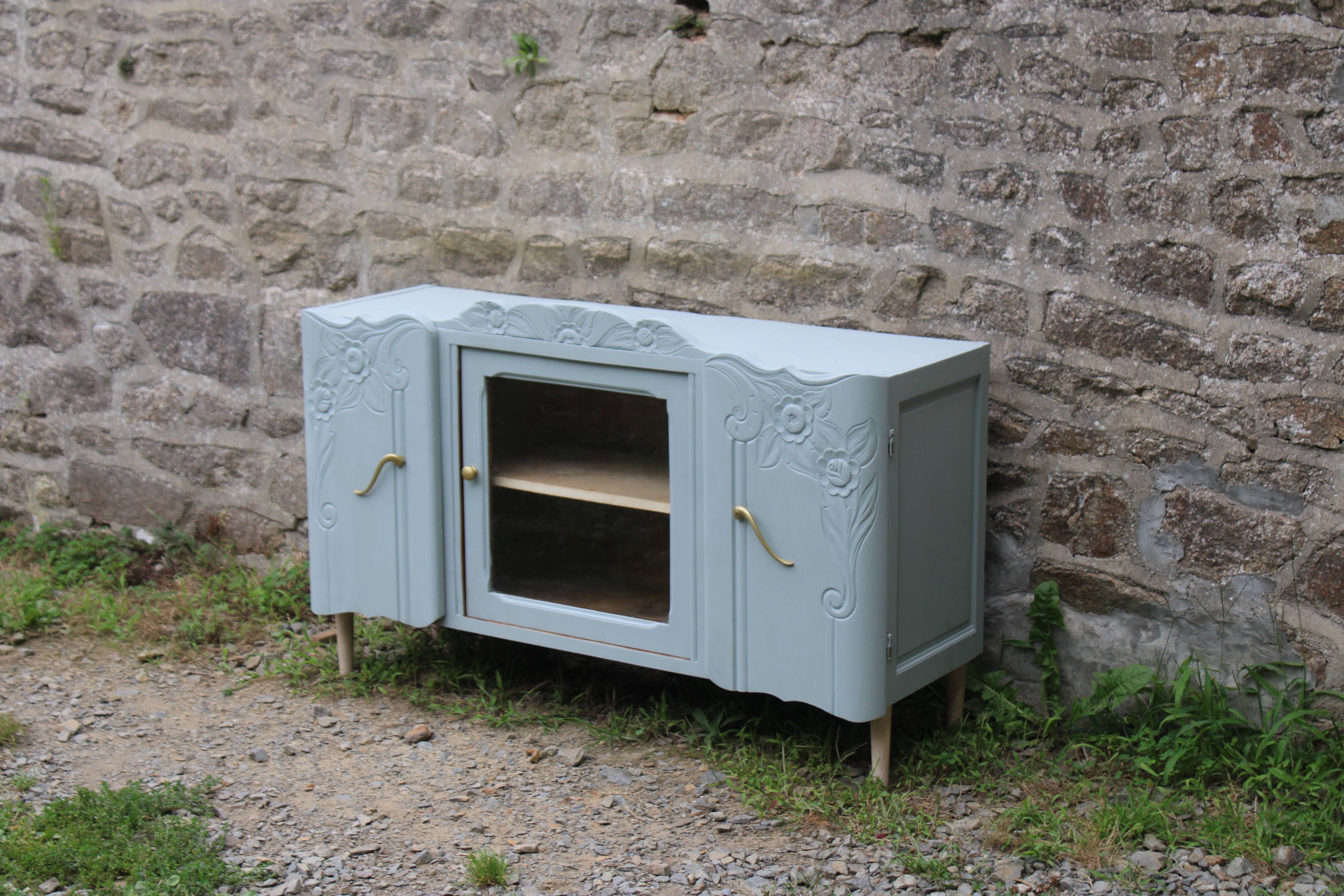 Renovated vintage low sideboard - Unique piece of furniture with floral moldings
