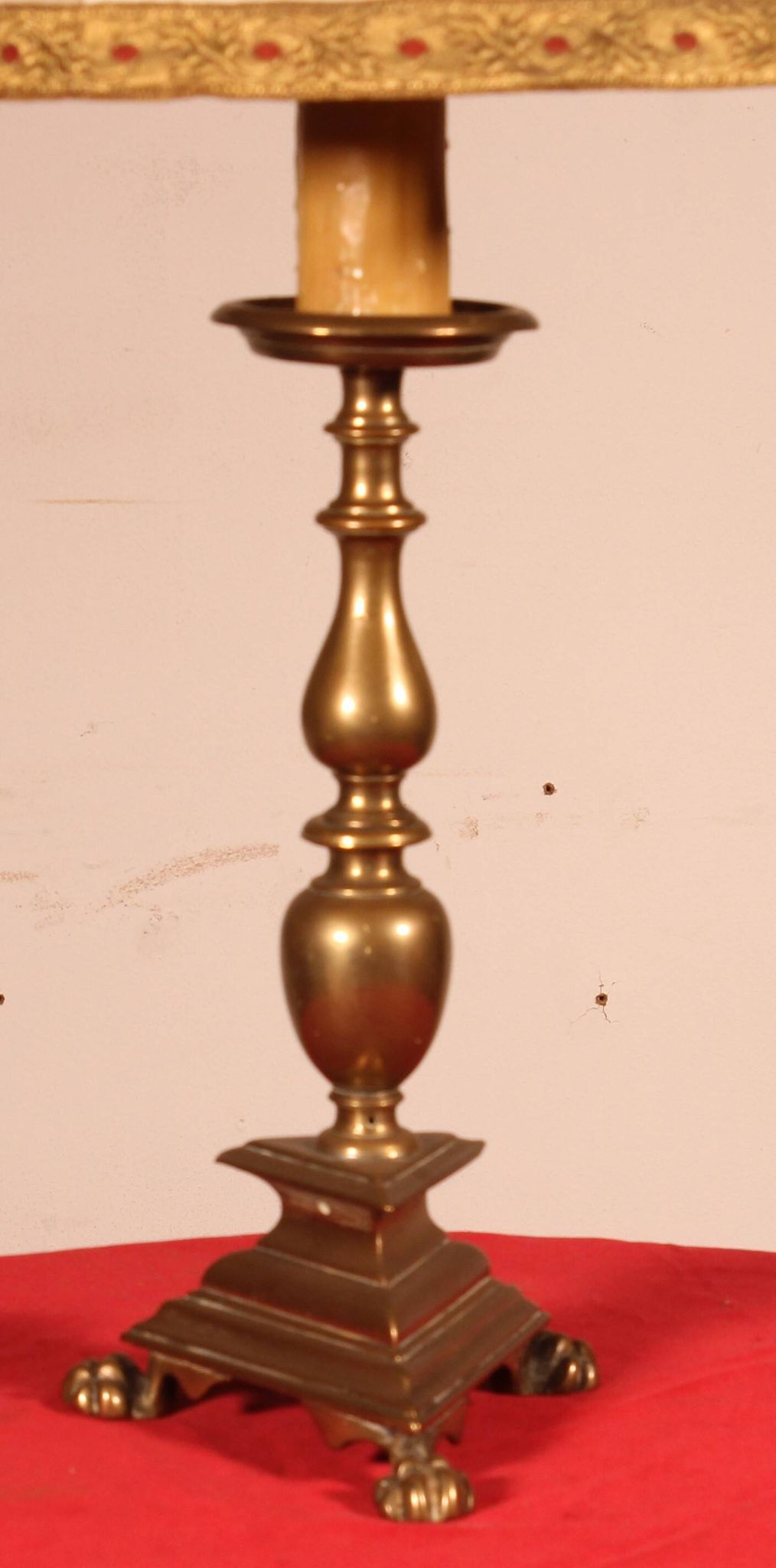 17th Century Bronze Candle Holder Mounted As A Lamp With Its Parchment Lamp
