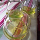 6 Glasses with the name Culbuto in 3 orange colors and 3 lemon yellow colors