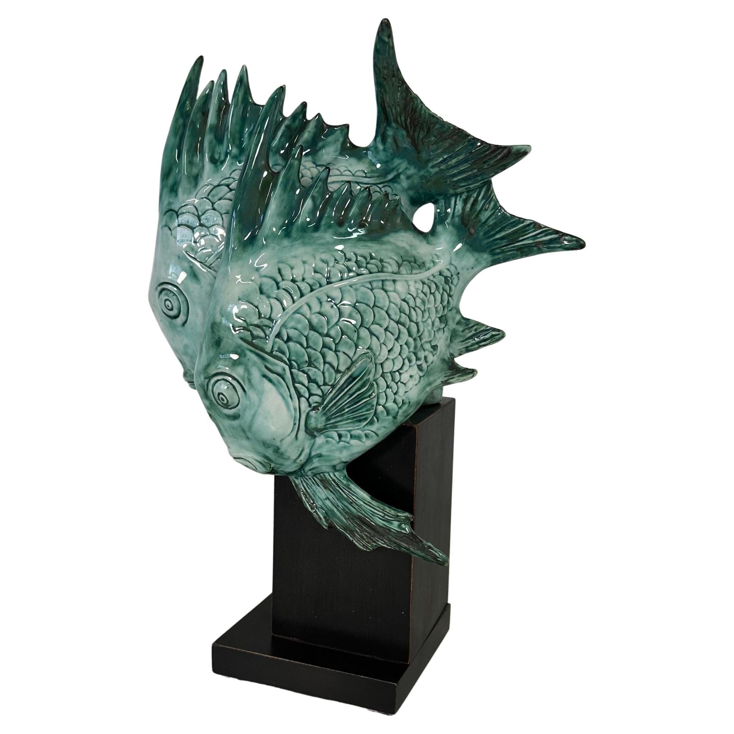 Light Blue Porcelain and Ebonized Wood Fish Sculpture by Guido Cacciapuoti Art Deco, 1930s