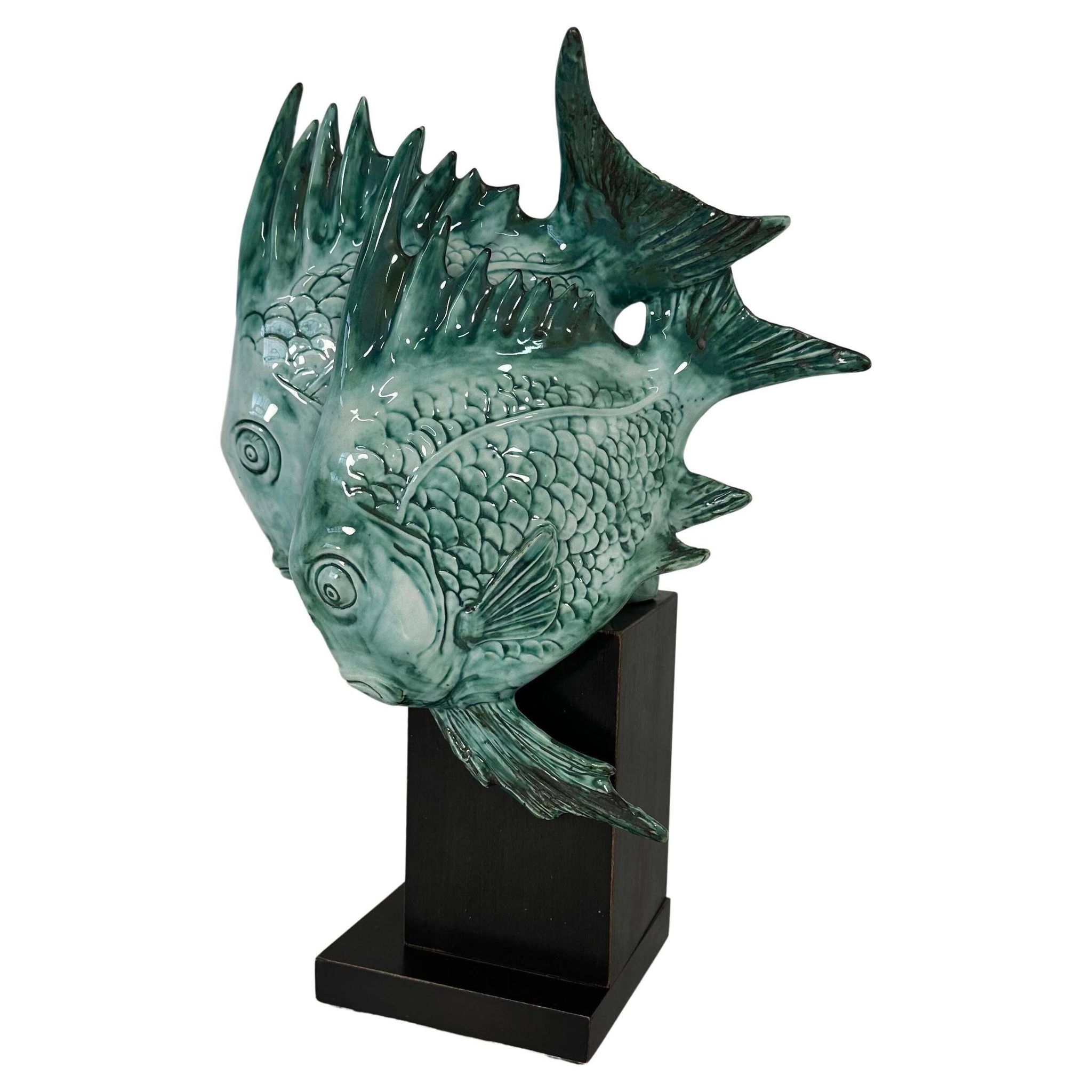 Light Blue Porcelain and Ebonized Wood Fish Sculpture by Guido Cacciapuoti Art Deco, 1930s