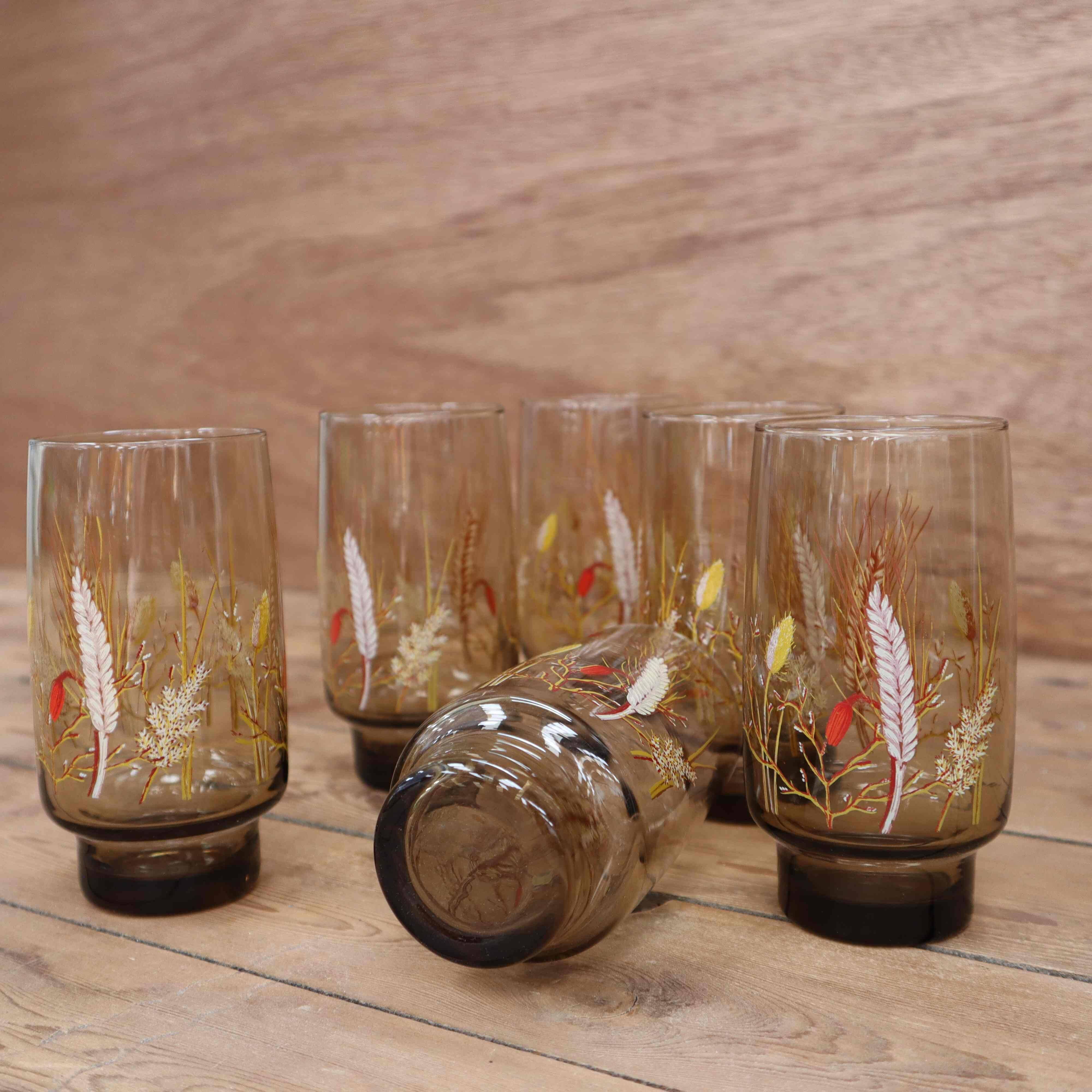 Set of 6 smoked orangeade glasses with wheat ear decoration Arcoroc