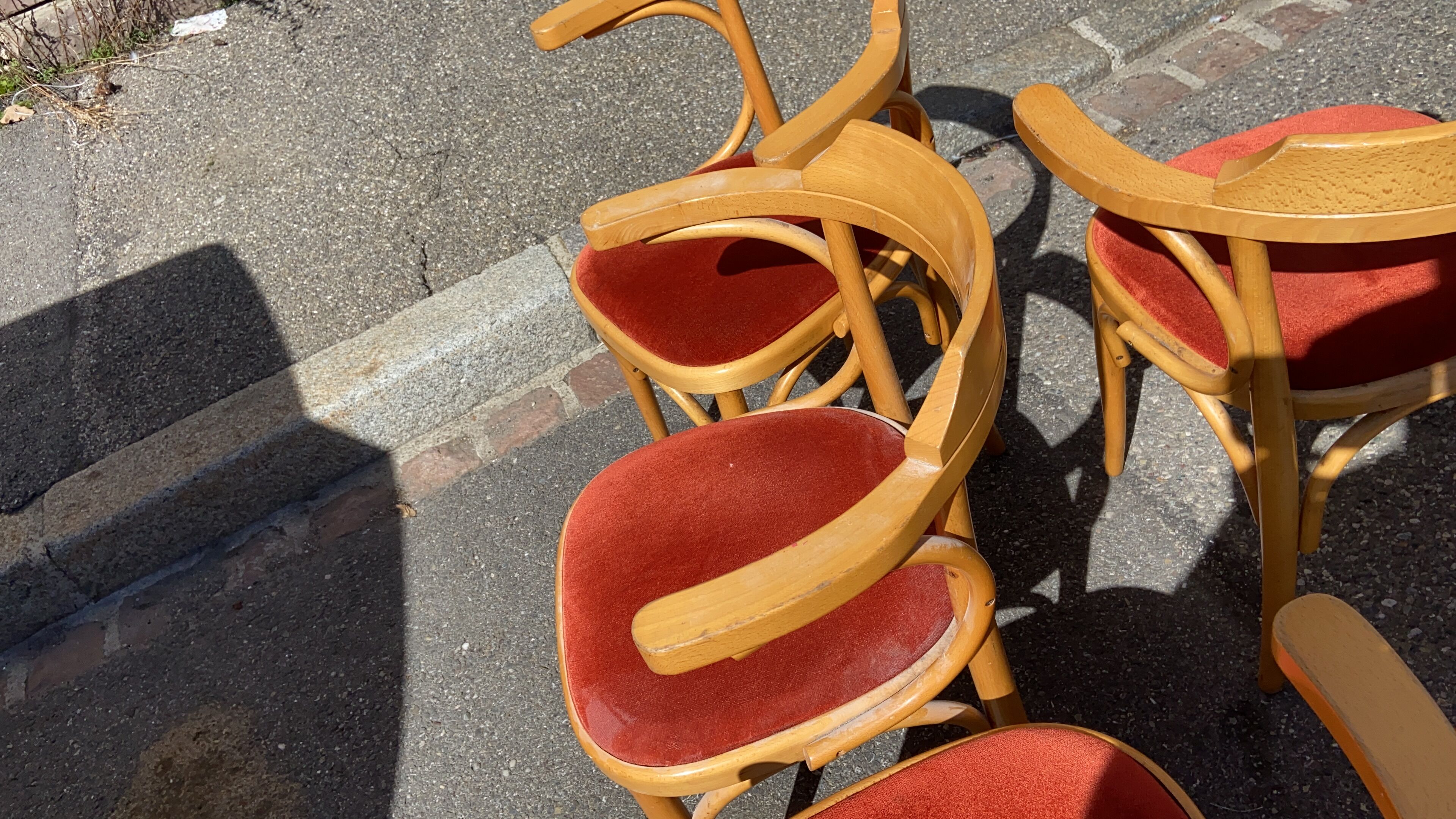 Pair of vintage 80s thonet Baumann style curved wood restaurant armchairs
