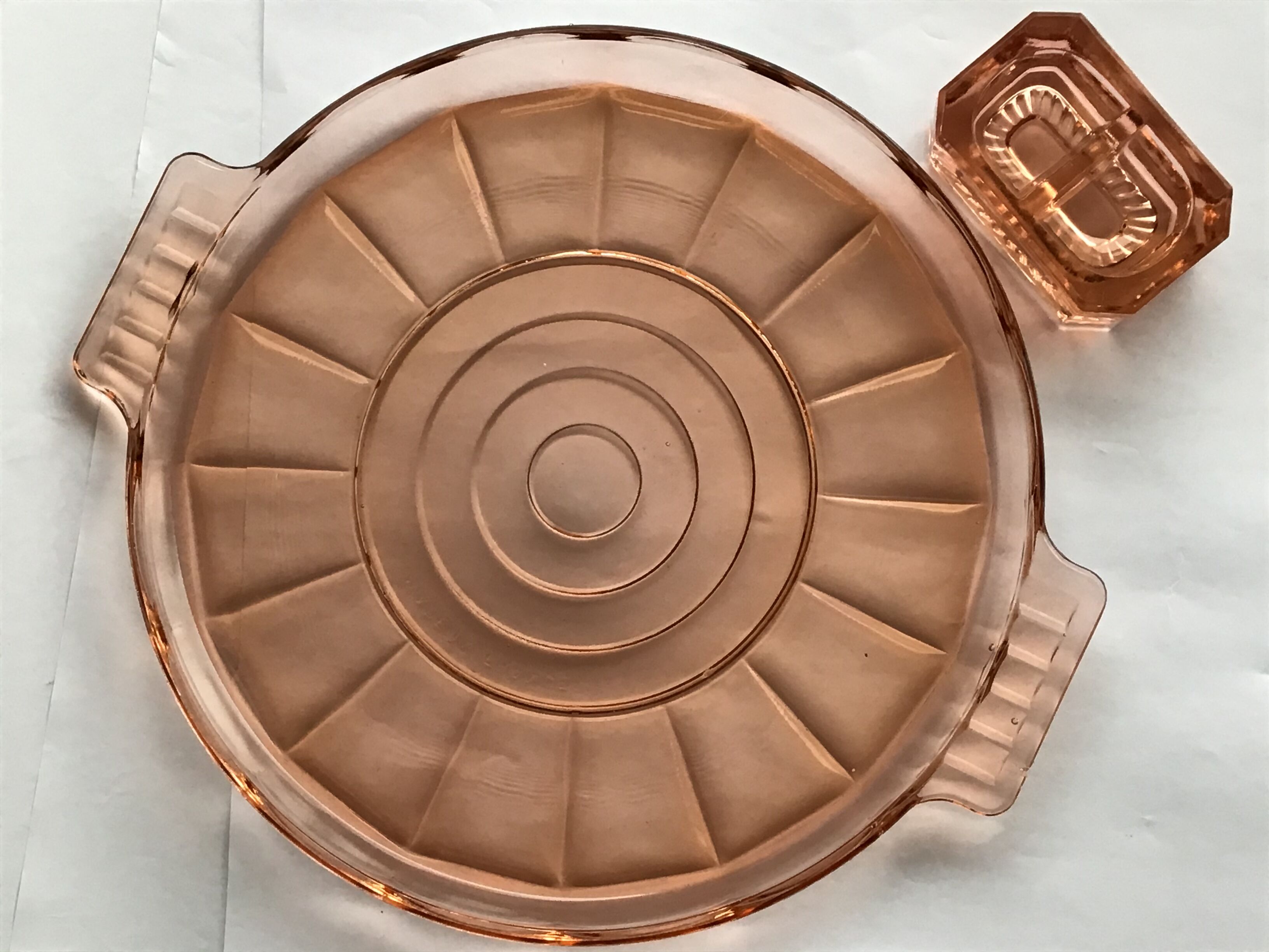 Pink glass salt shaker and cake dish