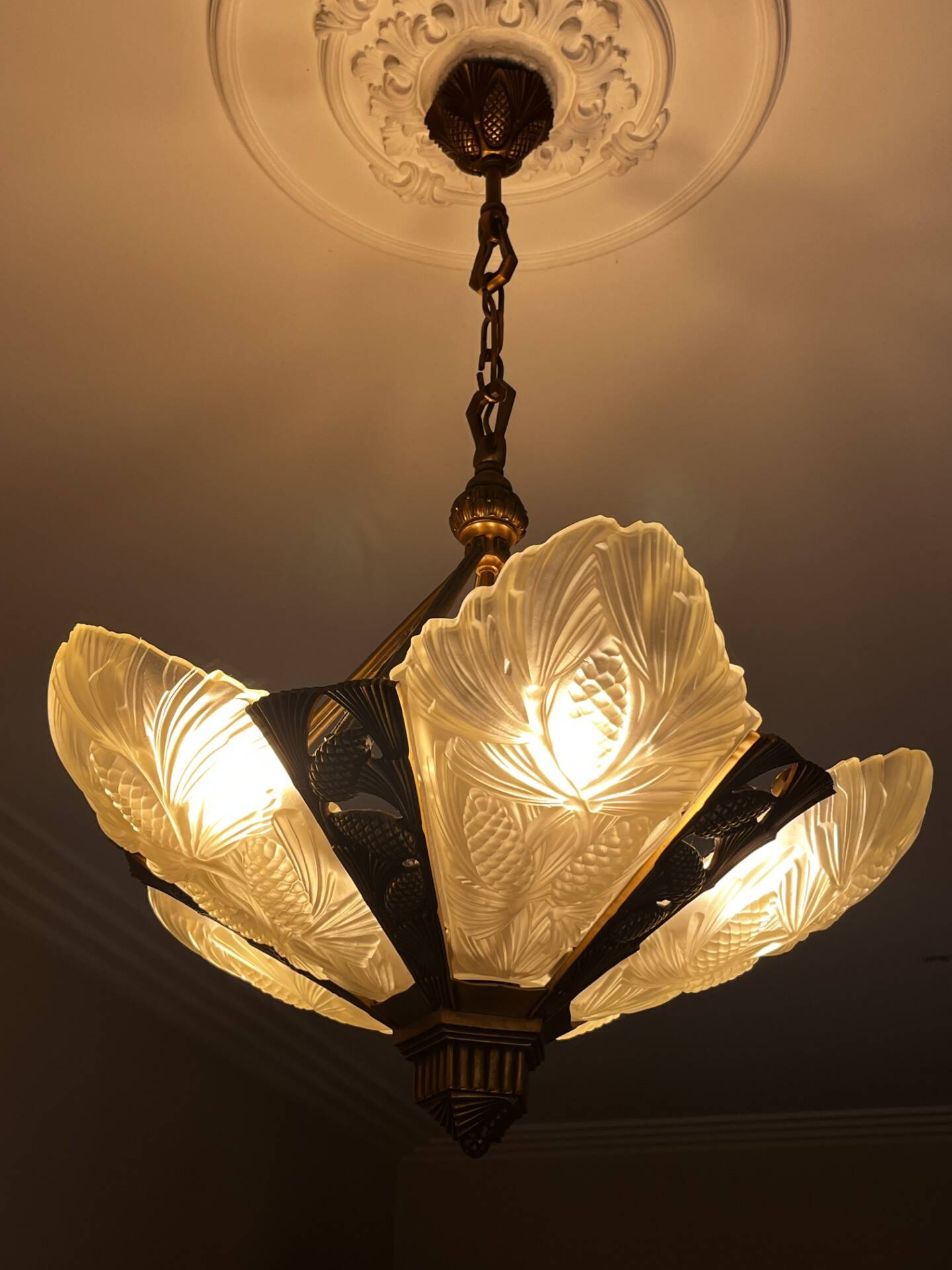 Opaline and brass chandelier