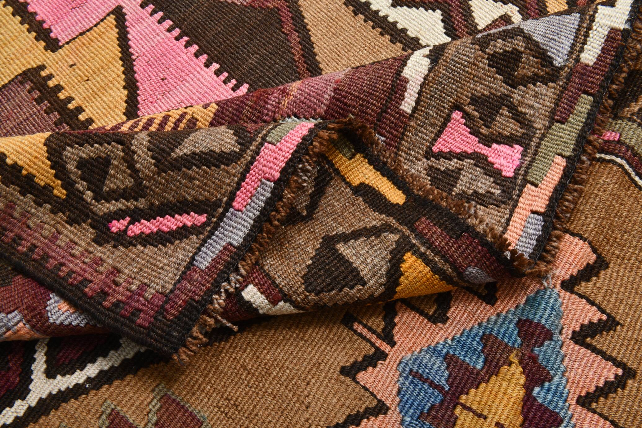 4x13 Kilim Long Wide Brown Handmade Turkish Kilim Runner Rug, 131x404 Cm