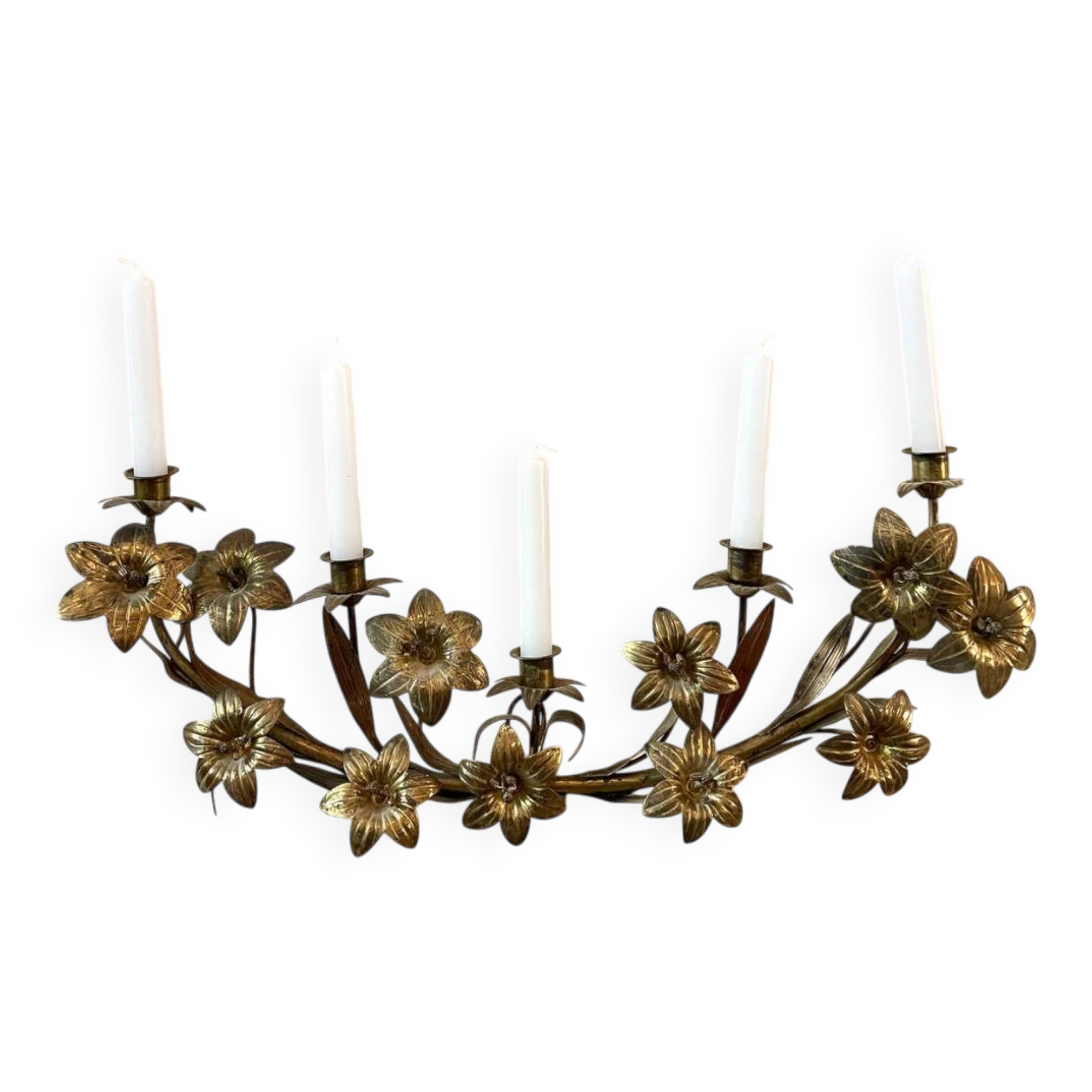 Large brass chandelier with 5 branches and fleur-de-lis design