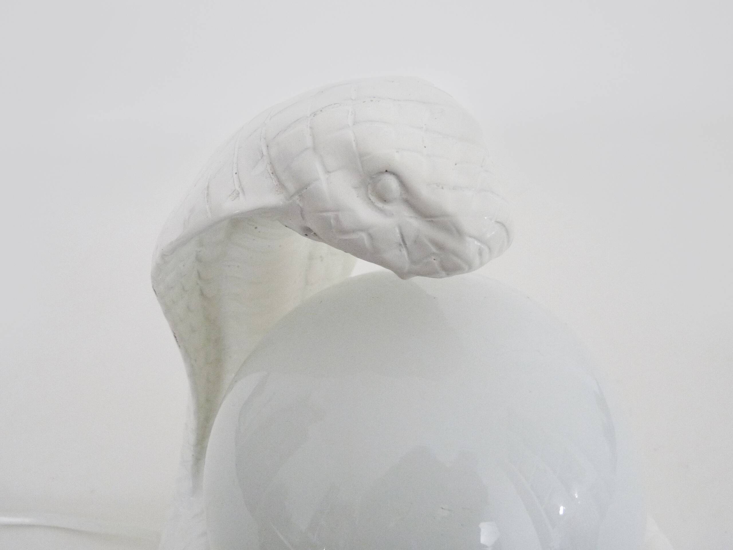 Vintage White Cobra Snake Lamp in Ceramic and opaline globe. 80 years