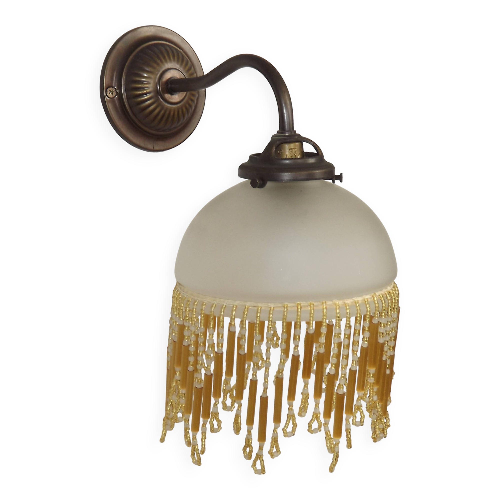 French vintage bronze effect single wall light with opaque beaded glass shade.
