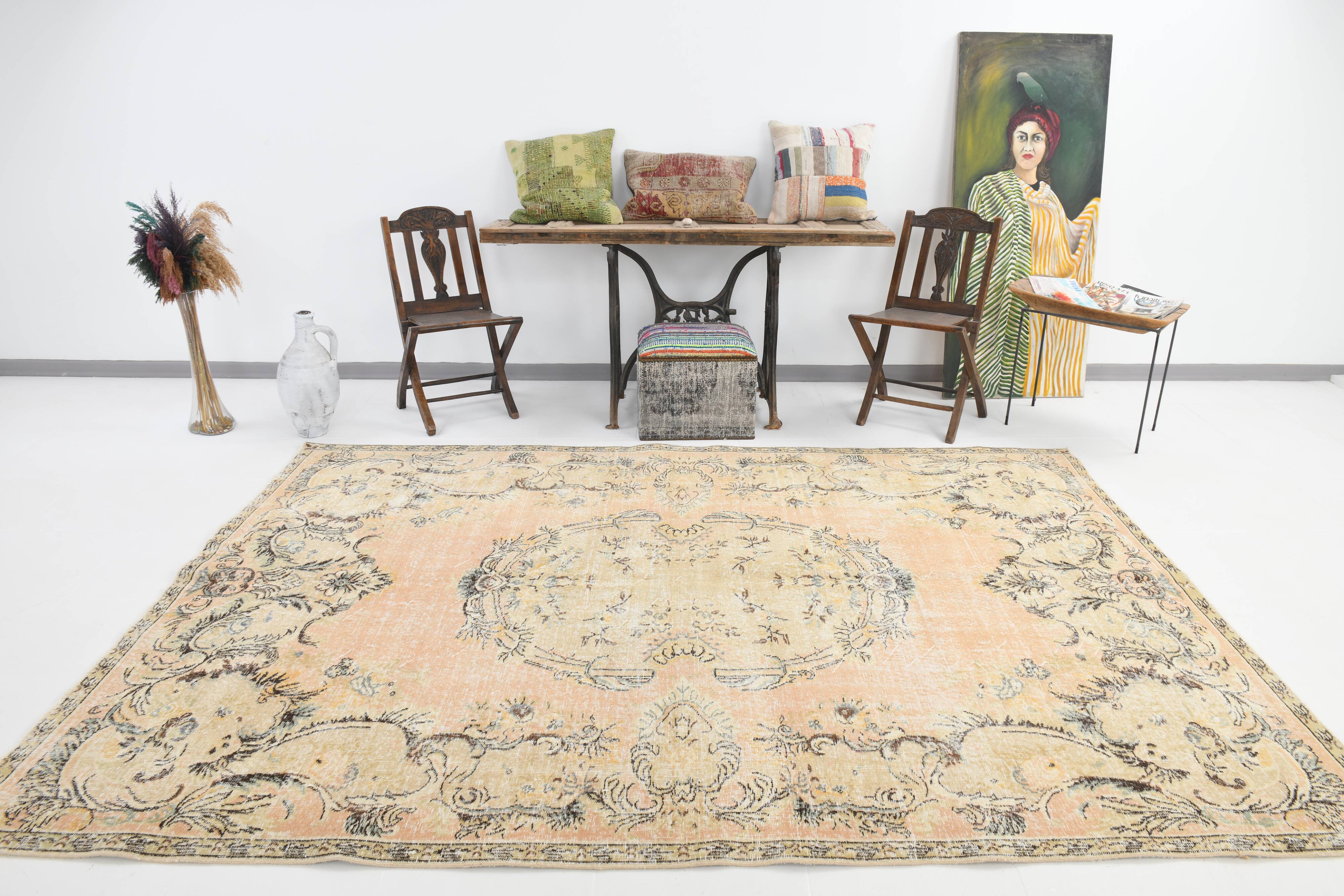 vintage beige orange turkish carpet 207x302 cm , wool hand made rug.