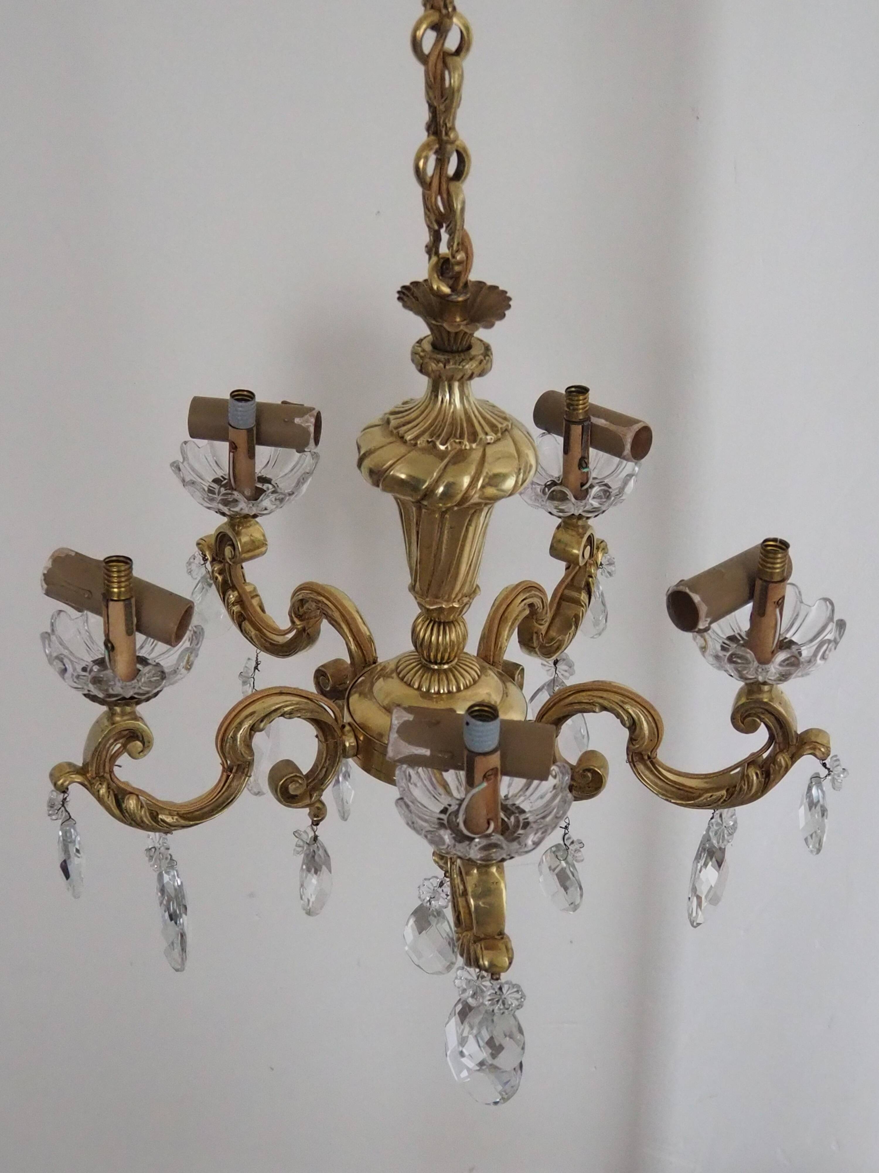 Solid bronze chandelier with crystal pendants and candle holders - Lucien GAU