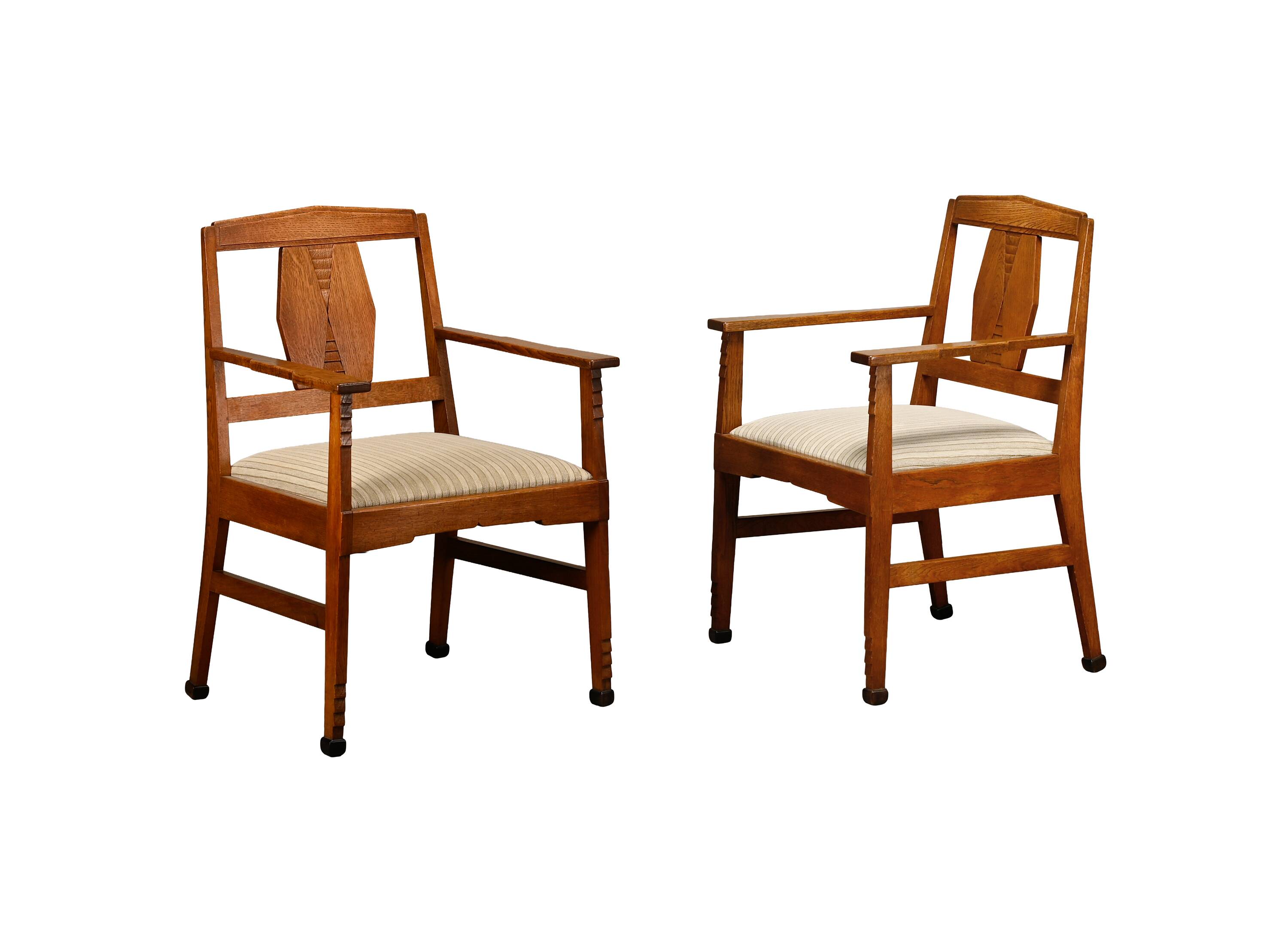 Dutch Art Deco Amsterdam School Armchairs in solid Oak and striped fabric
