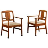 Dutch Art Deco Amsterdam School Armchairs in solid Oak and striped fabric