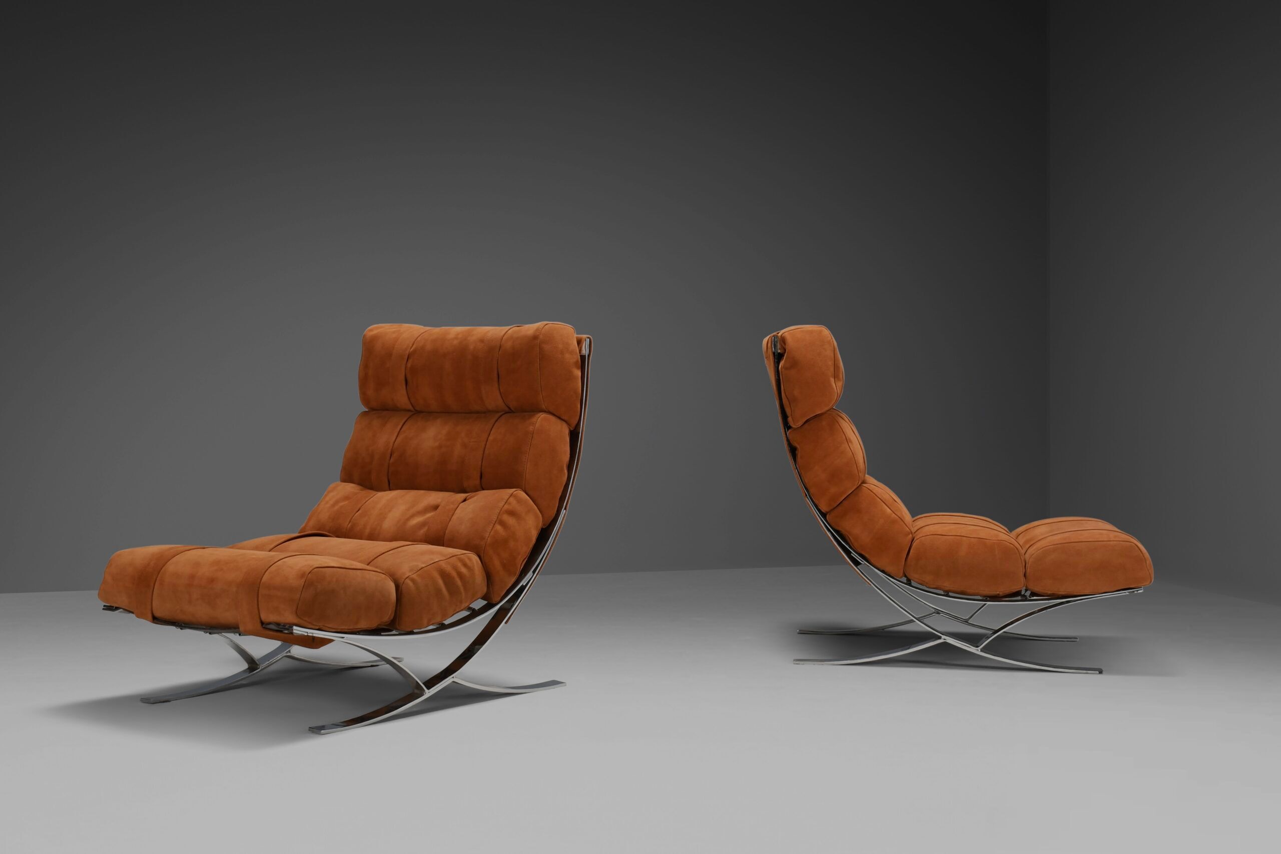 Impressive suede and chrome lounge chairs, France 1970s
