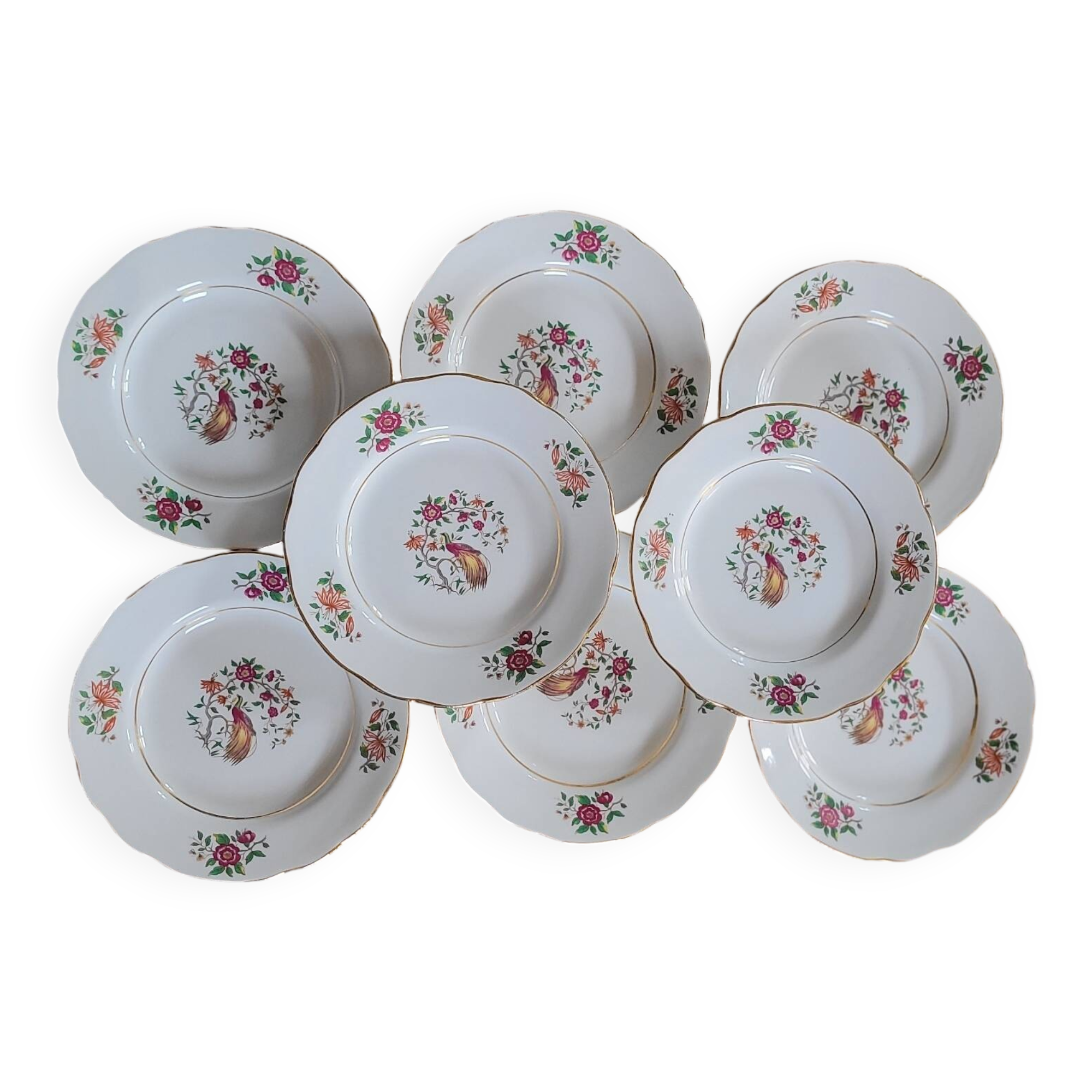 Porcelain dessert plates with bird decoration – Gressey 50s