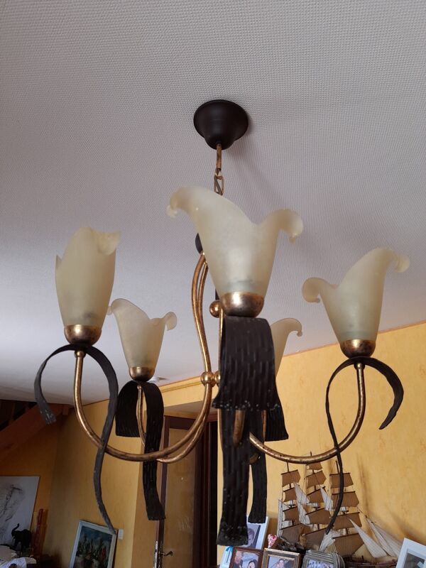 Lustre suspension 5 bras original année 1980 en métal et verre poli