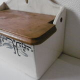 Earthenware salt box white white old blue