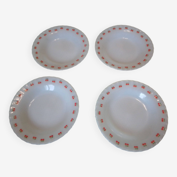 Set of 4 white soup/soup plates with cherry patterns