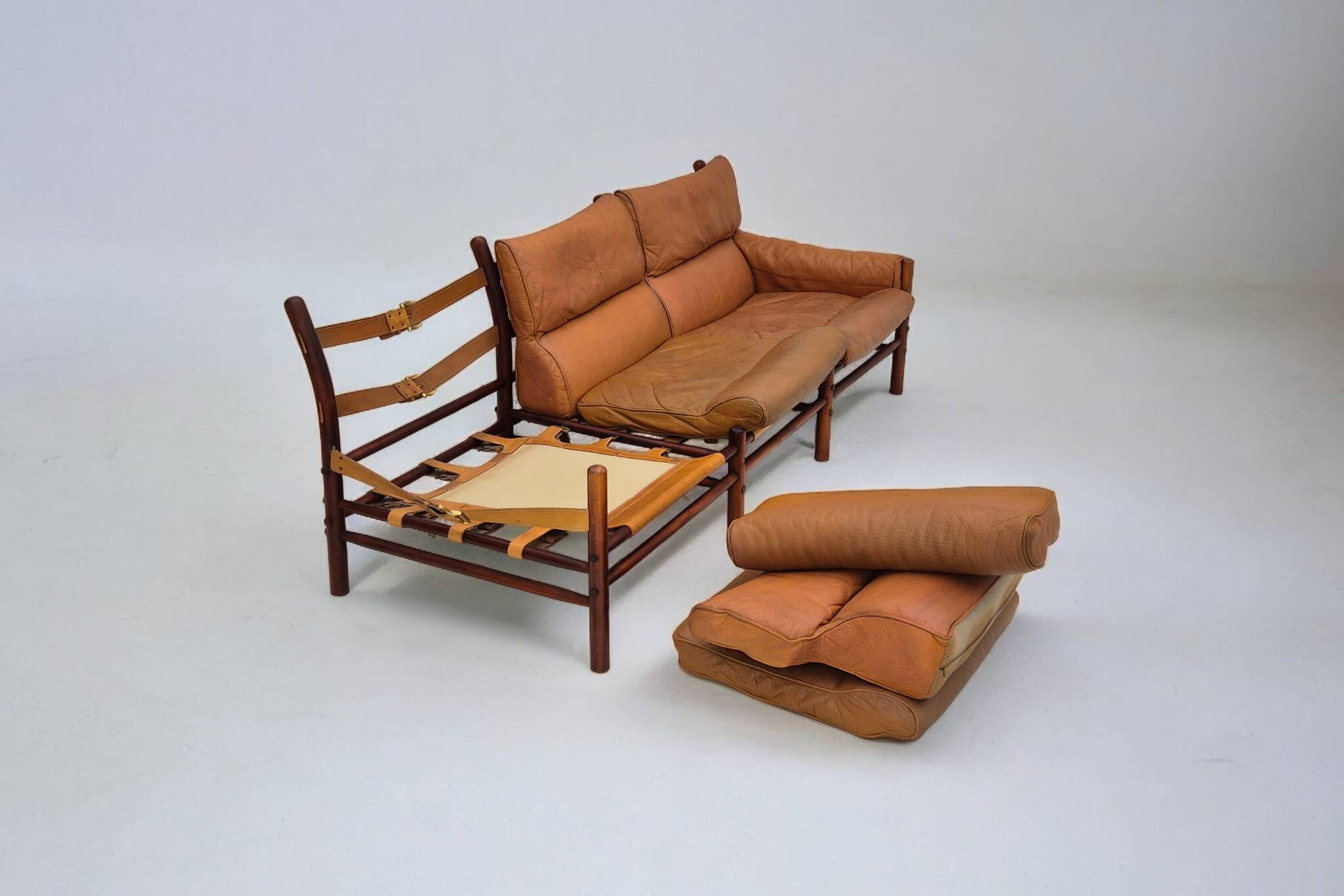 1960s, Scandinavian design by Arne Norell, sofa, model "Kontiki", original condition, leather, beech.
