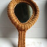 Miroir à main en rotin vintage 70s