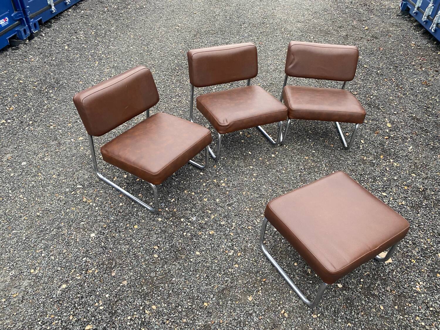 Set of 3 vintage 70s armchairs + pouffe – Brown faux leather