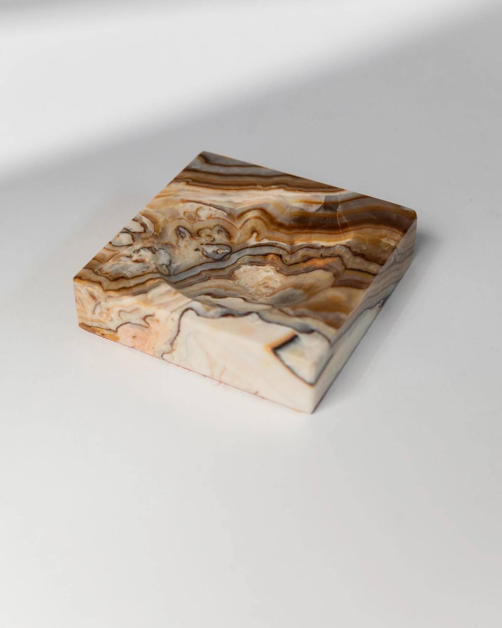 Beige-Black-Brown Marble Ashtray, Italian 1970s Design, Heavy Sculptural Table Decor