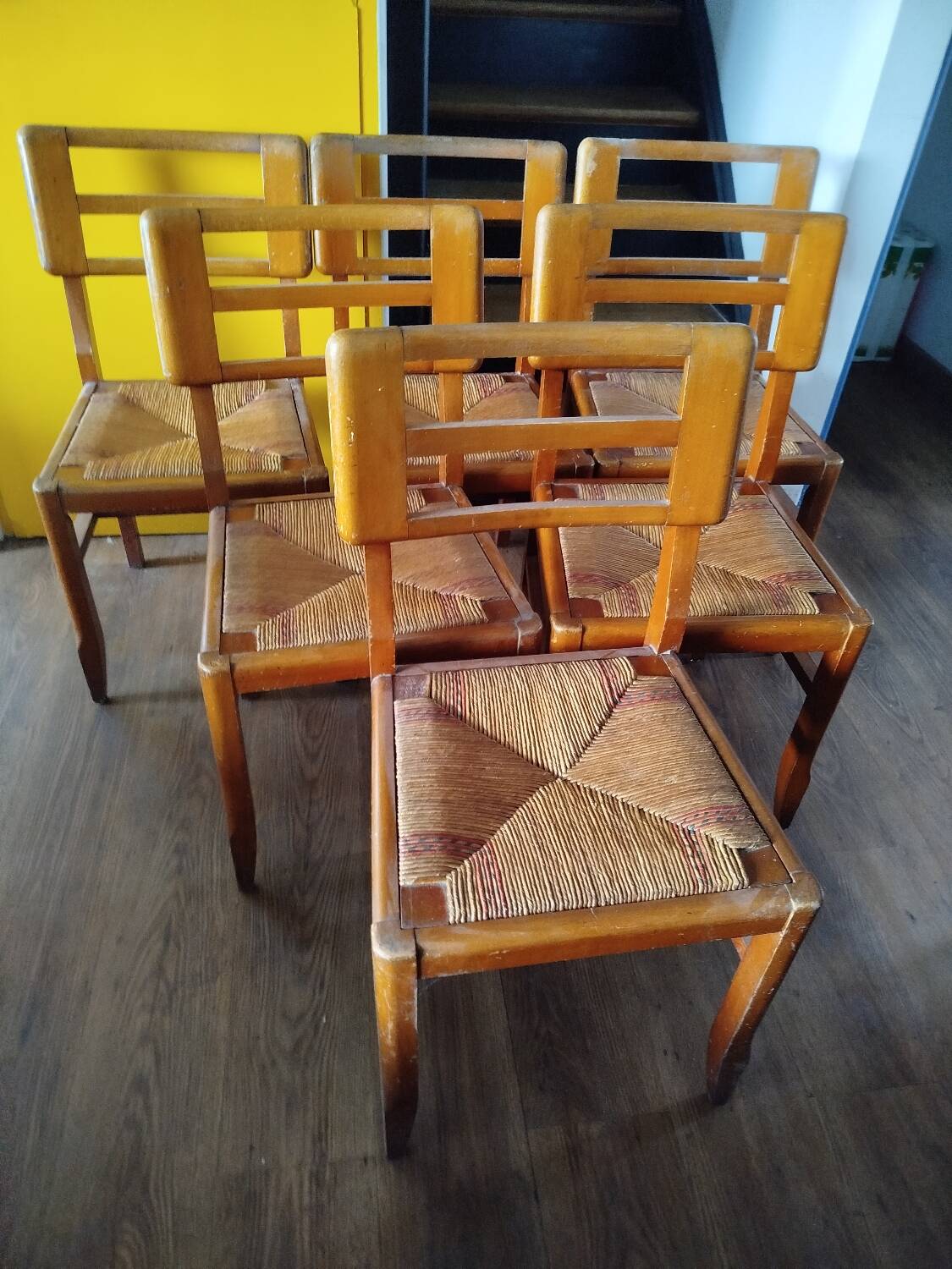 Set of 6 vintage straw chairs – Pierre Cruège – 1950s