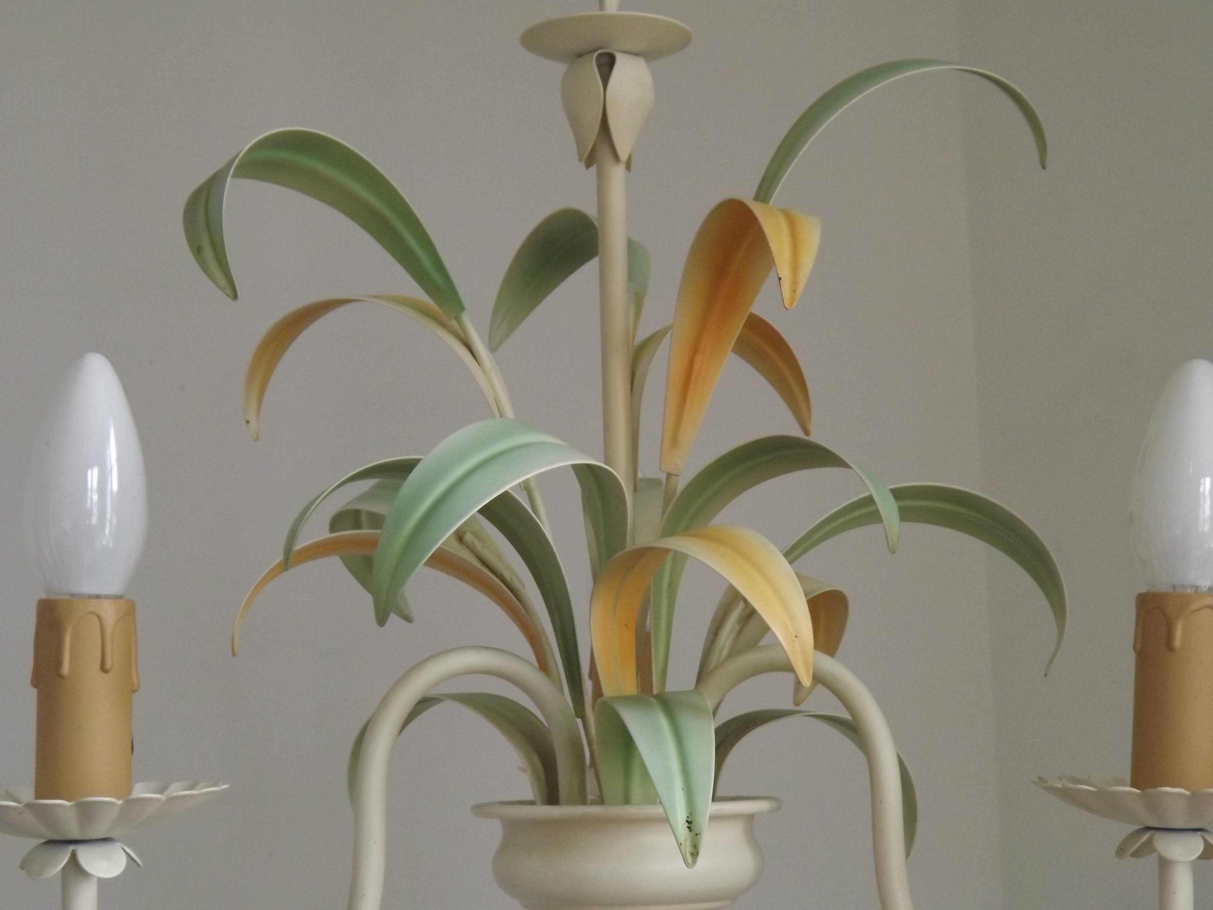 French Vintage Cream 3 Light Chandelier Green and Peach Leaves