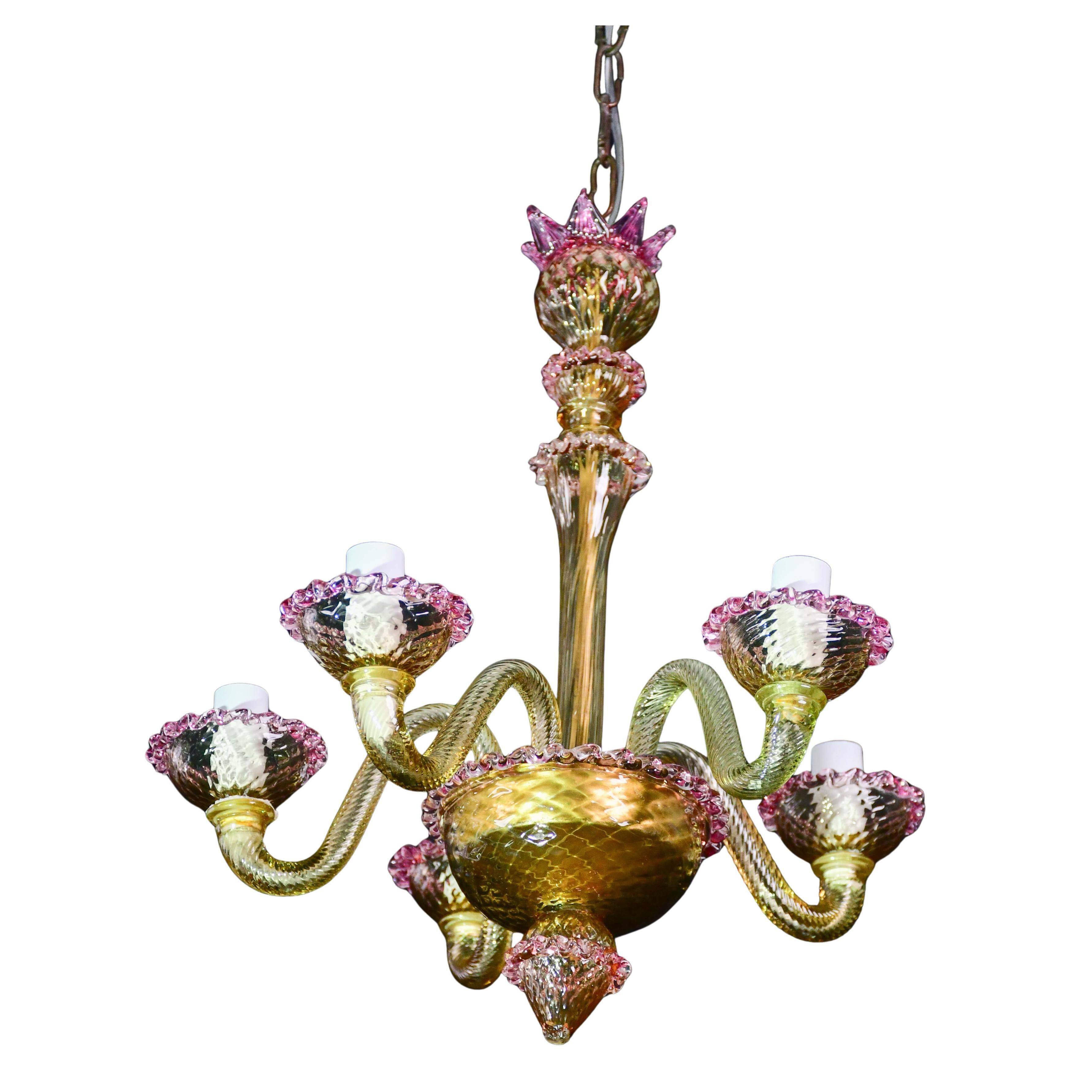 Pretty Venetian chandelier, pink and gold glass, 1950s
