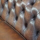 Dark brown flamed cowhide English 2.5 seater Chesterfield sofa