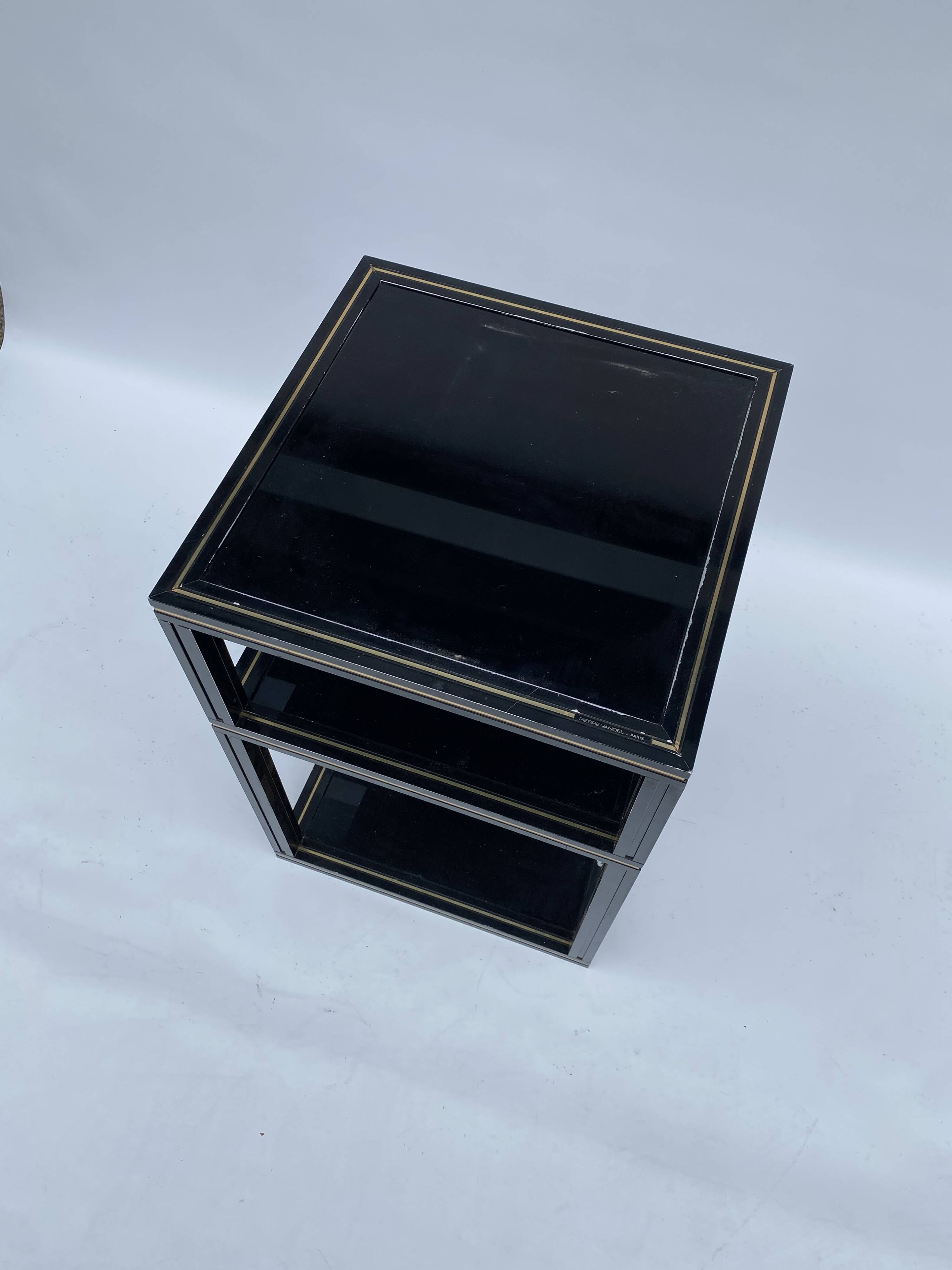 1970s Pierre Vandel Two Tiered Black Glass Side Lamp Table Hollywood Regenc