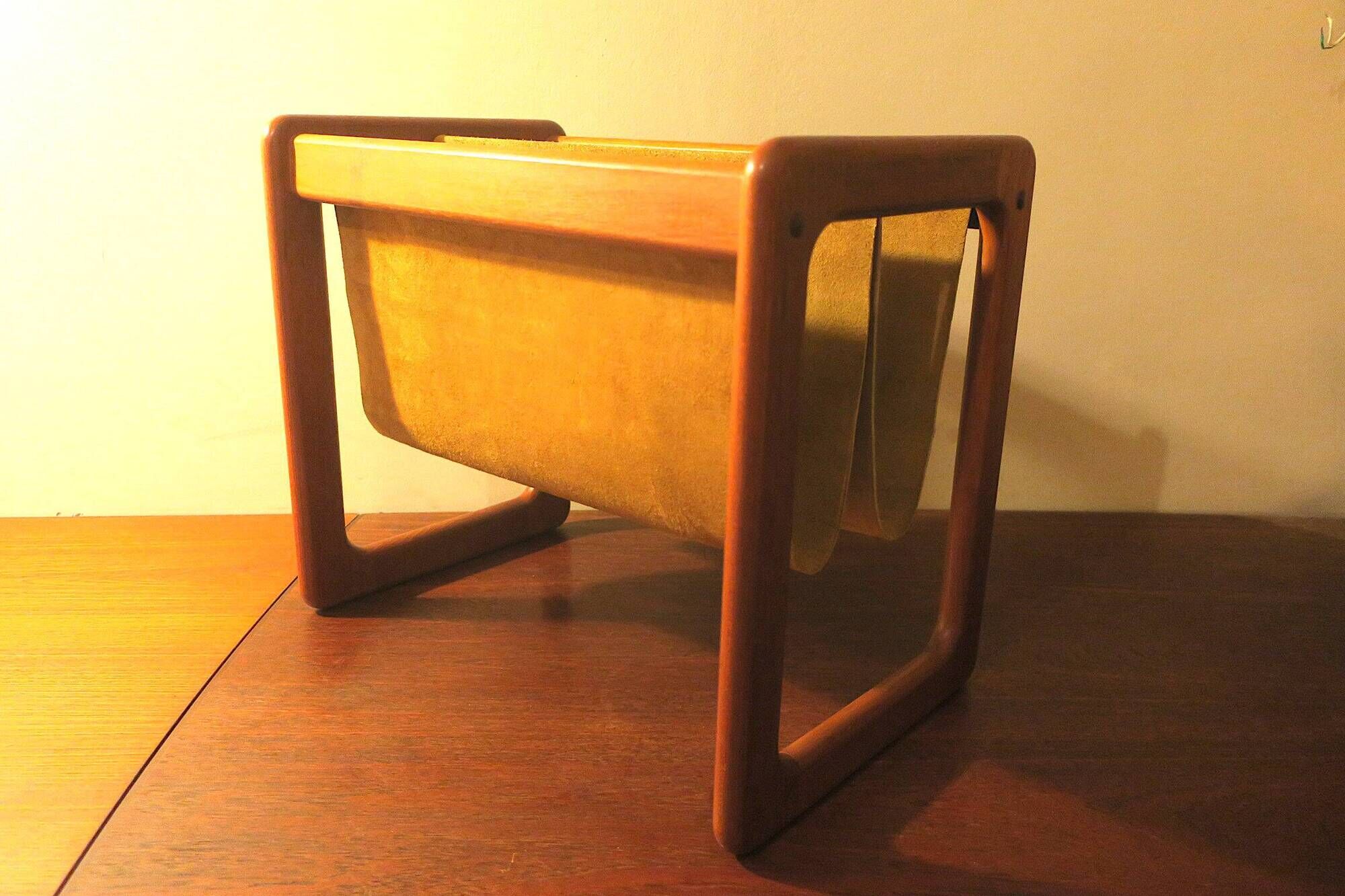 Magazinr rack in teak and suede leather by Aksel Kjersgaard, 1960s