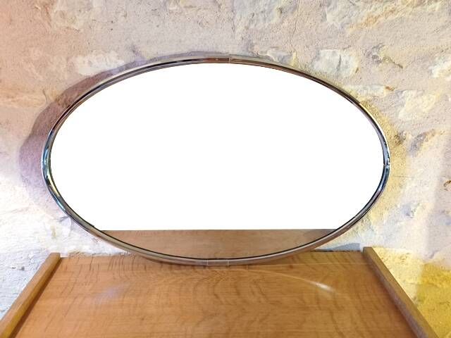 Oval art deco mirror with vintage chrome frame from the 70s