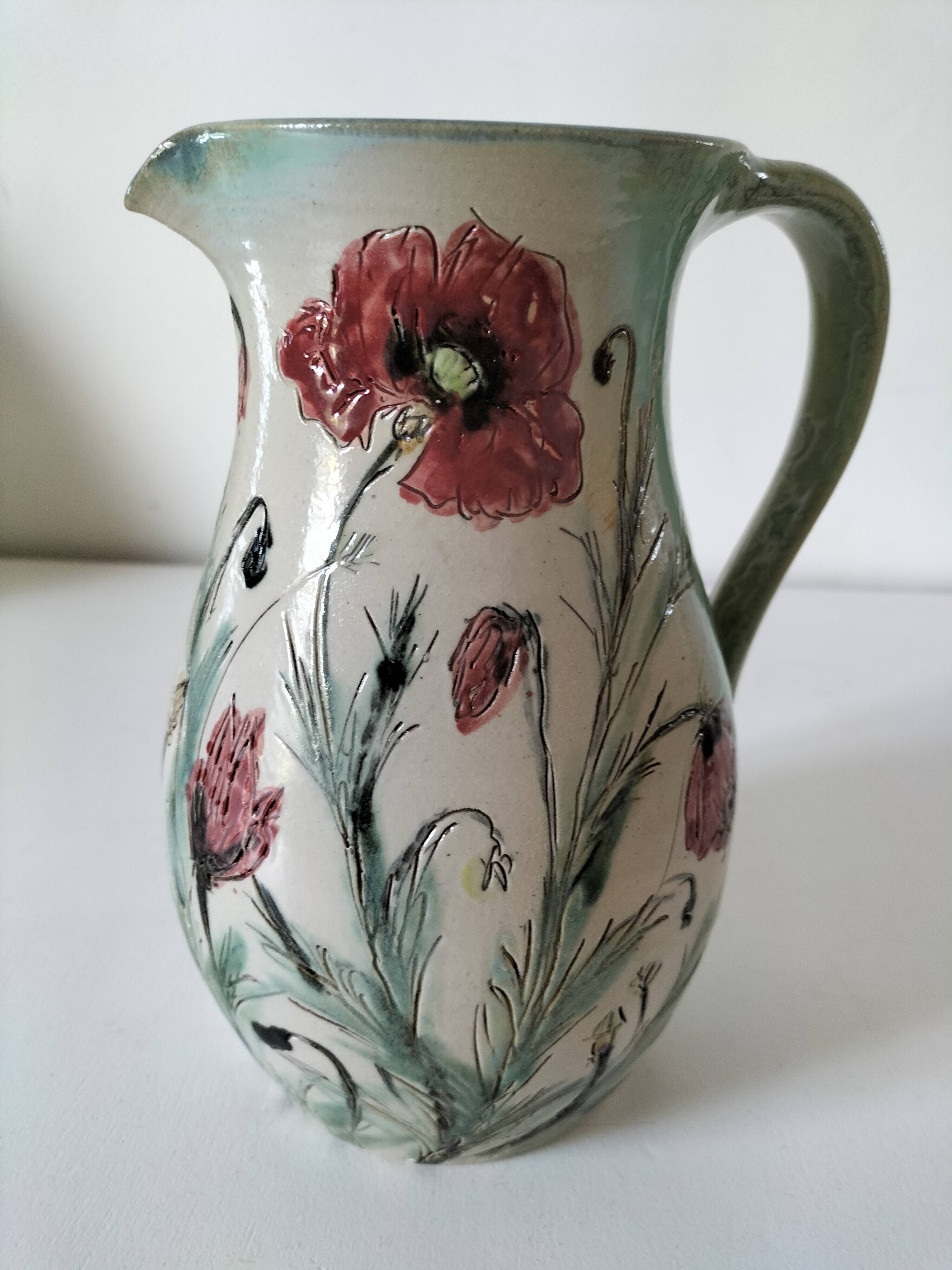 Stoneware pitcher with poppy decoration – Laurence Petit – Atelier de Prusly