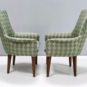Green fabric and beech armchairs, italy
