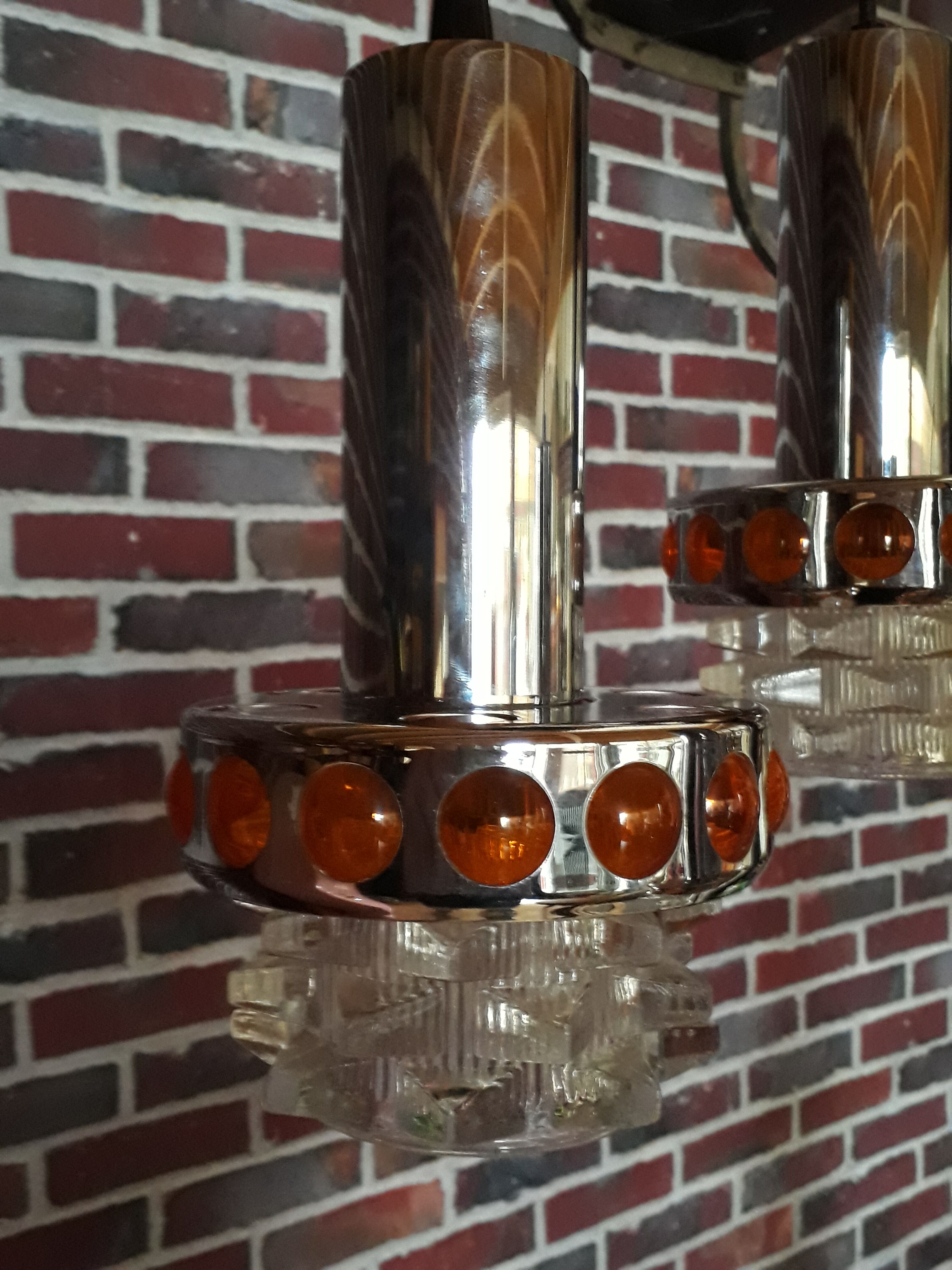 Hanging 3 lamps Raak - Holland, 1970. Space age style. In chrome, orange plexi glass. Very good condition