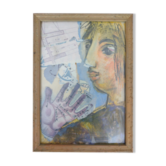 Portrait collages and dry pastels unique framed work