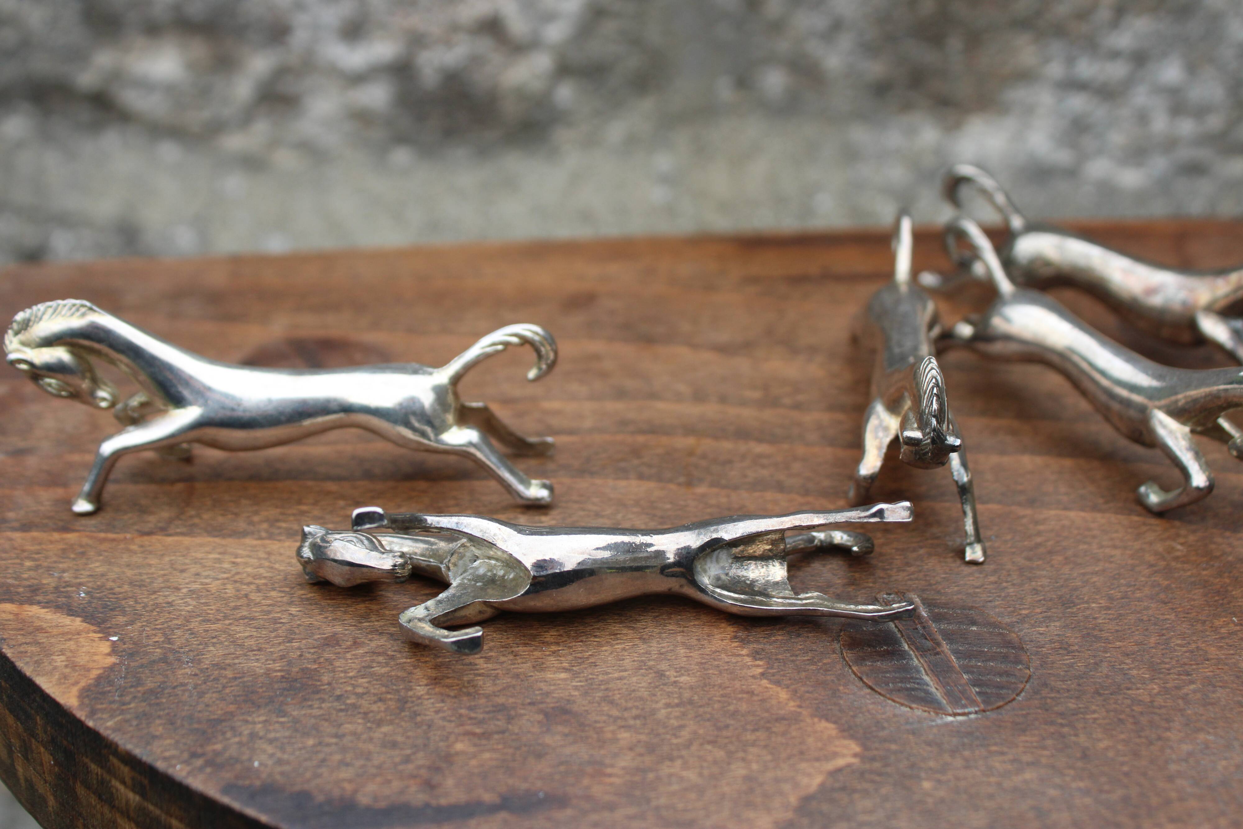 Set of 5 vintage silver metal horse knife rests