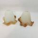 Pair of vintage opaline tulip lampshades with caramel marbled frill edge.