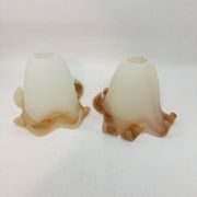 Pair of vintage opaline tulip lampshades with caramel marbled frill edge.