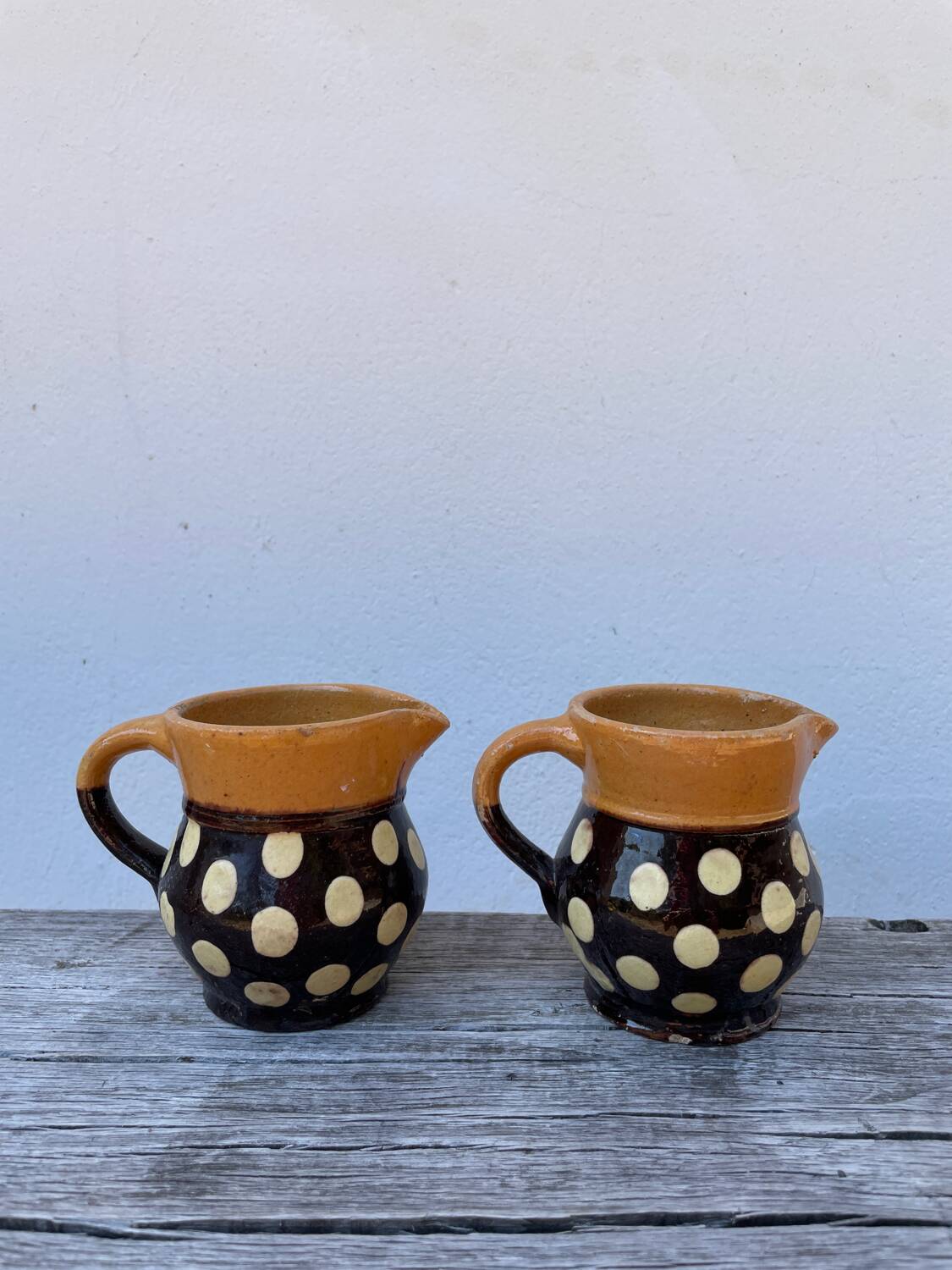 Duo of small Italian polka dot jars