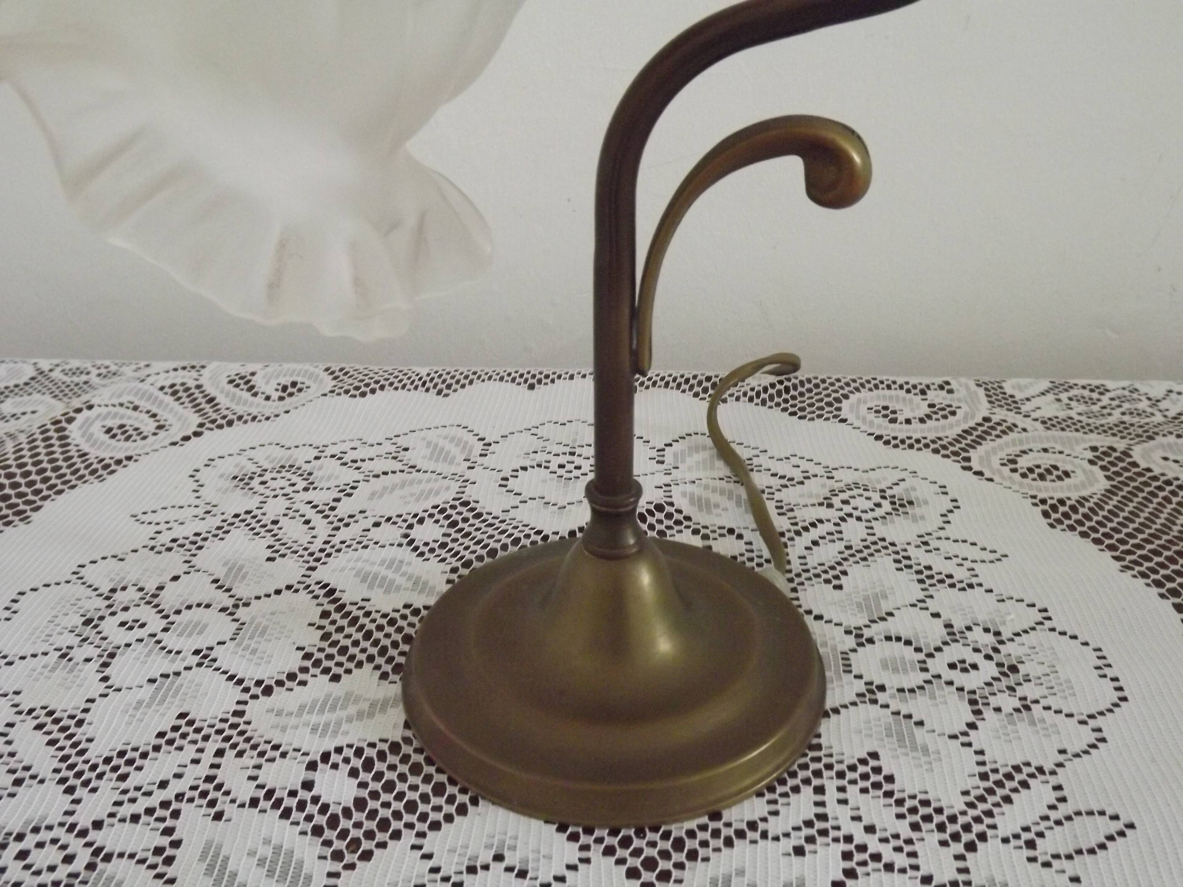 Vintage French Brass Gooseneck Table Lamp with Opaque Patterned Glass Shade 5522