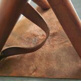 Set of teak and leather tripod stools