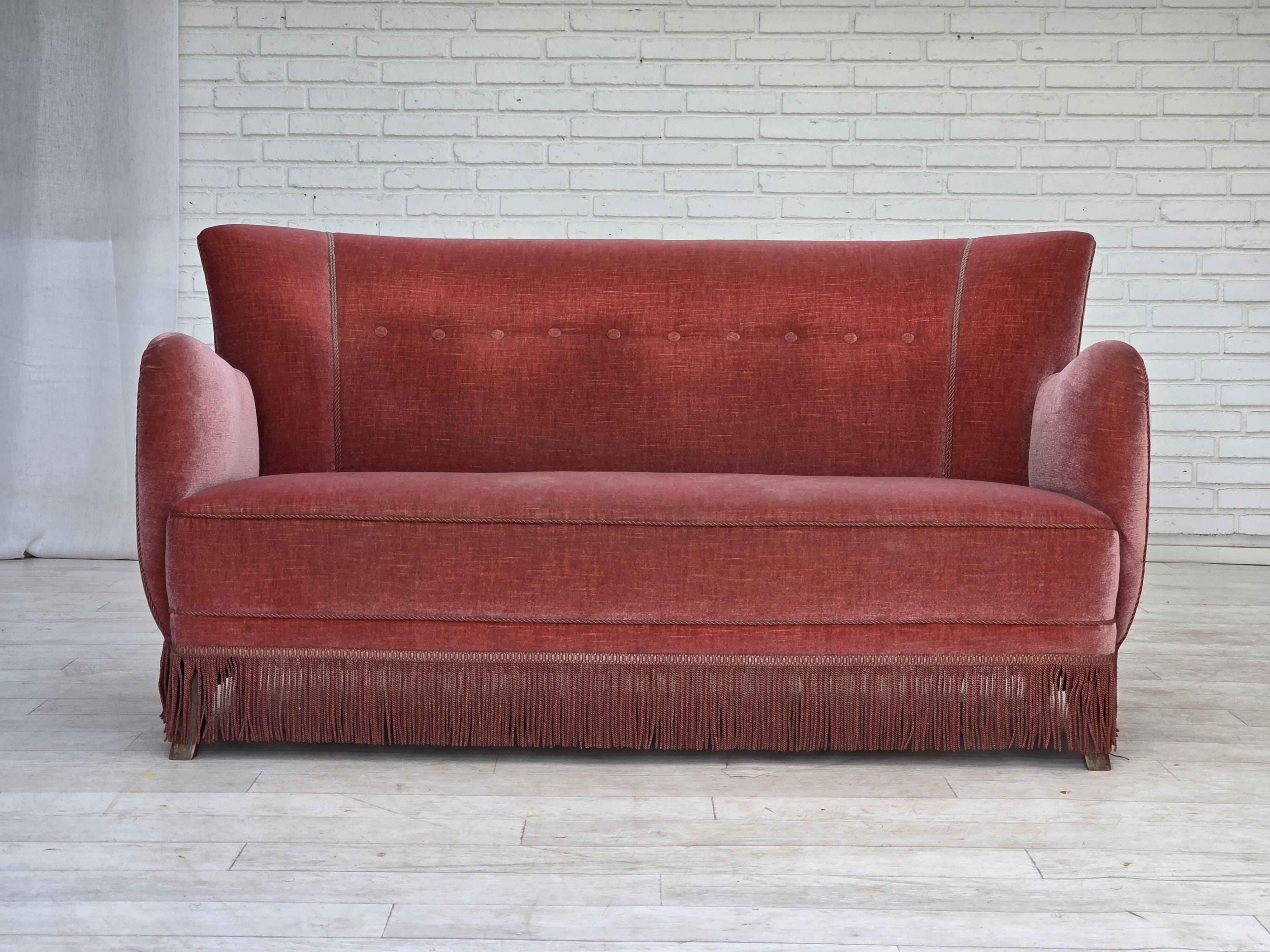 1970s, Danish 2-seater sofa, salmon pink furniture velour, oak wood.