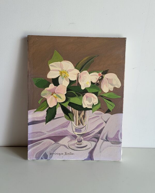 Tableau Huile Sur Toile Fleurs Rose De Noel Hellebore Signé Dominique