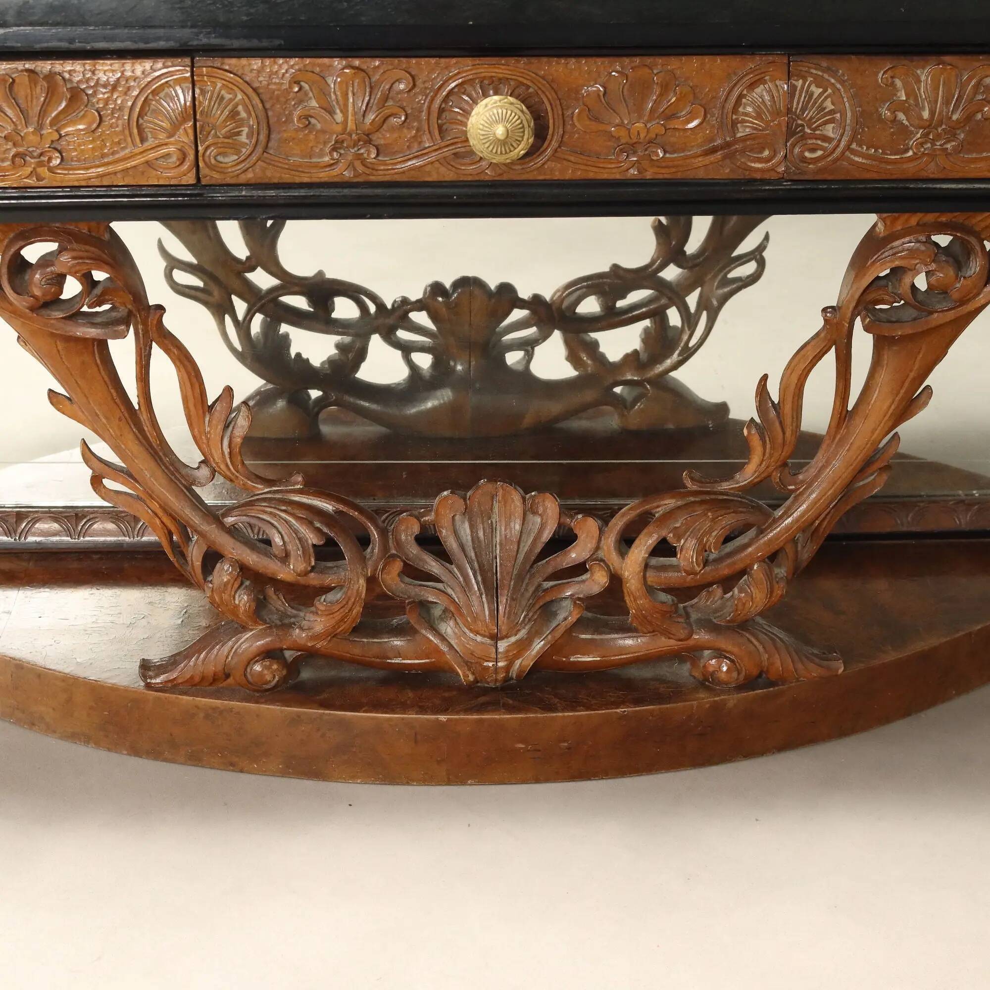 Antique console with a walnut mirror and green marble, Italy, 20th century.