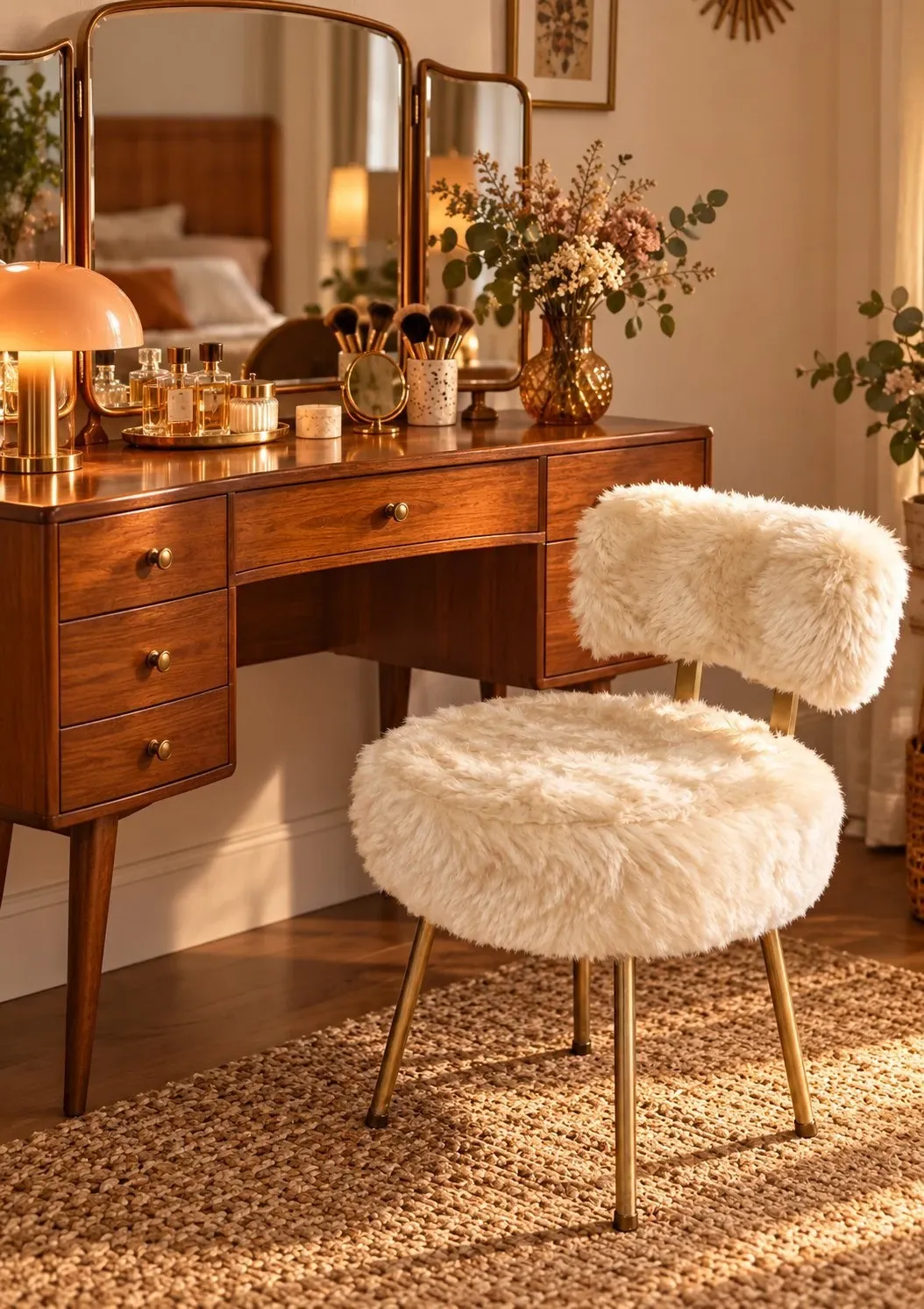 Vintage 1960s dressing table chair with faux fur and golden legs.