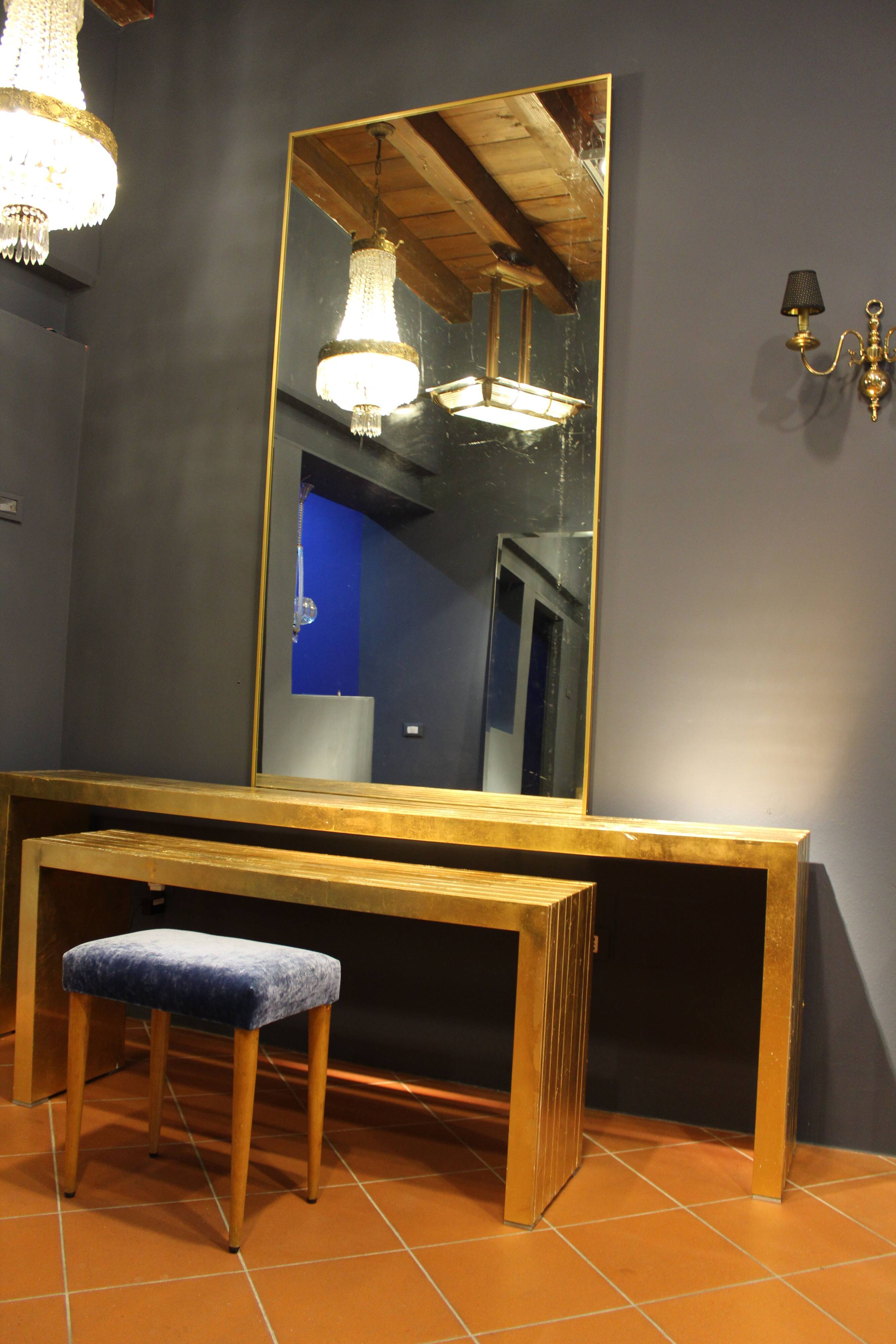 Panca vintage in wood and velluto blue Italia 1950s