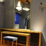 Panca vintage in wood and velluto blue Italia 1950s