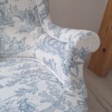 Fauteuil crapaud toile de Jouy bleu